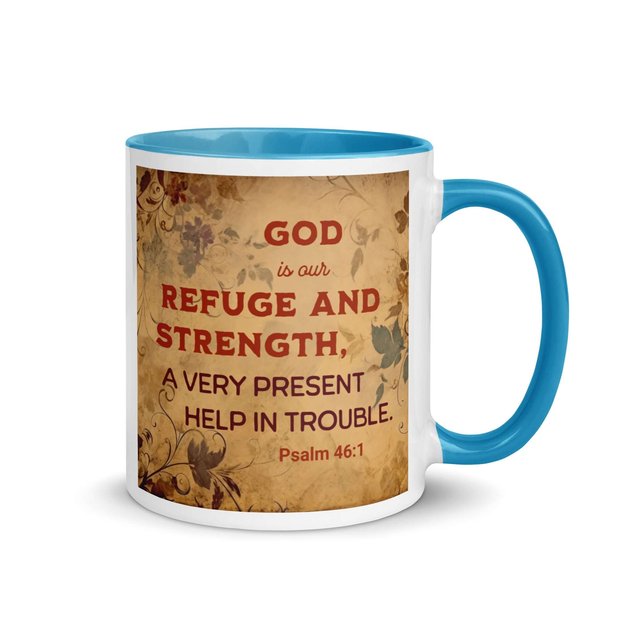 Psalm 46:1 Bible Verse, God is Our Refuge White Ceramic Mug with Color Inside Blue 11 oz