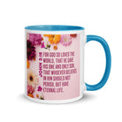 John 3:16 Bible Verse, For God So Loved White Ceramic Mug with Color Inside Blue 11 oz