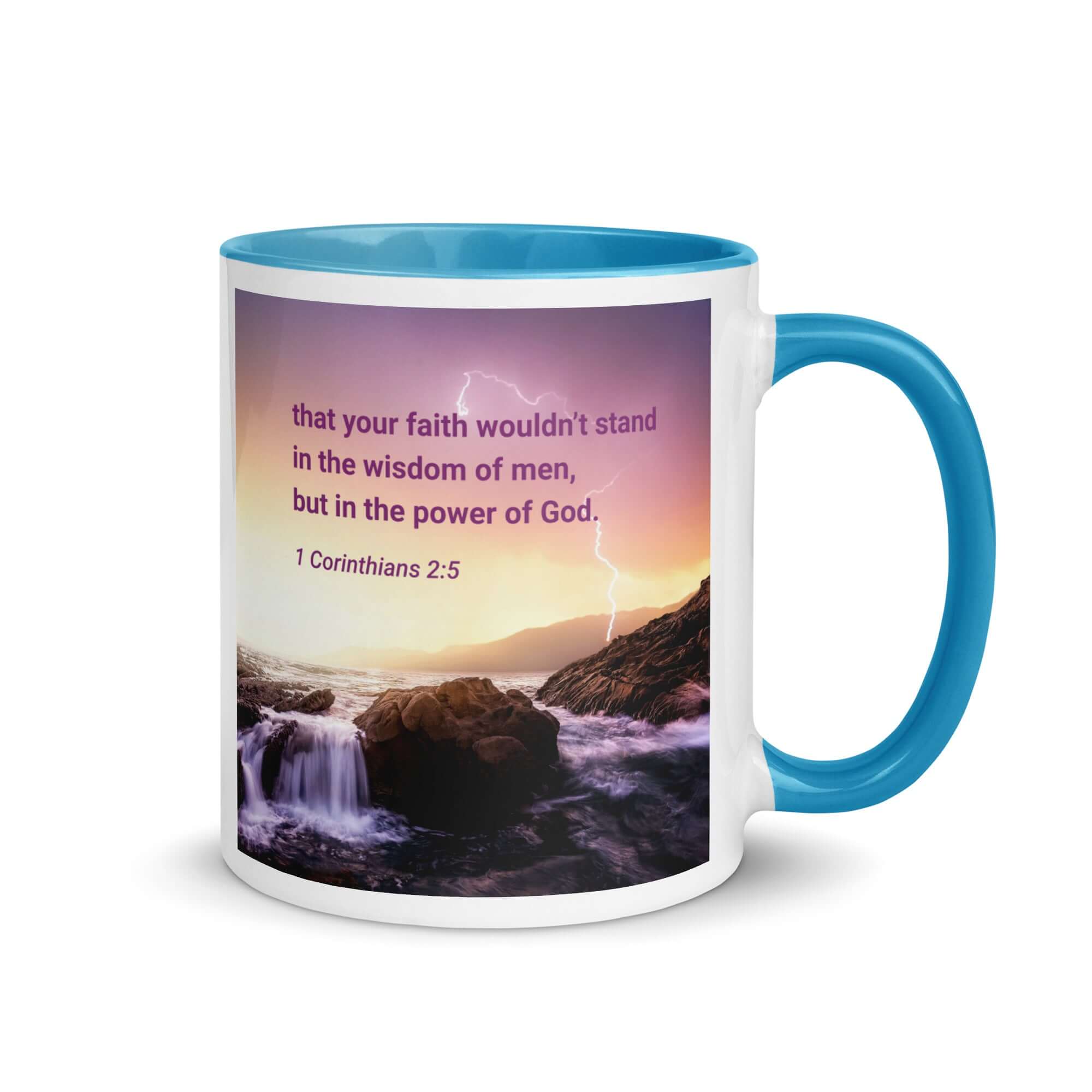 1 Corinthians 2:5 Bible Verse, power of God White Ceramic Mug with Color Inside Blue 11 oz