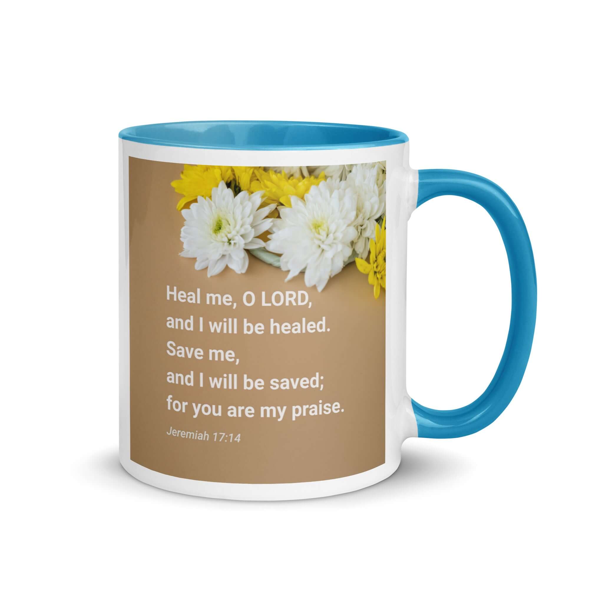 Jeremiah 17:14 Bible Verse, Heal me, O LORD White Ceramic Mug with Color Inside Blue 11 oz