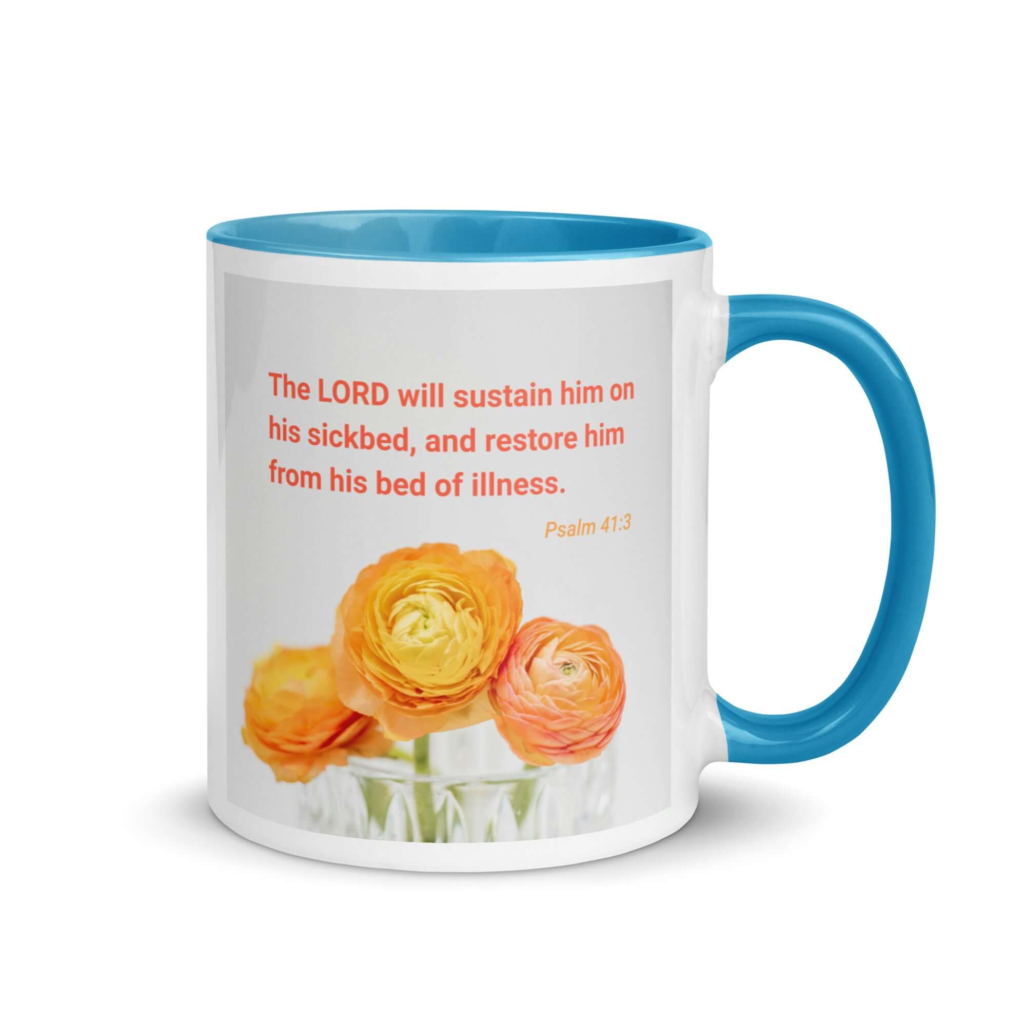 Psalm 41:3 Bible Verse, LORD will sustain White Ceramic Mug with Color Inside Blue 11 oz