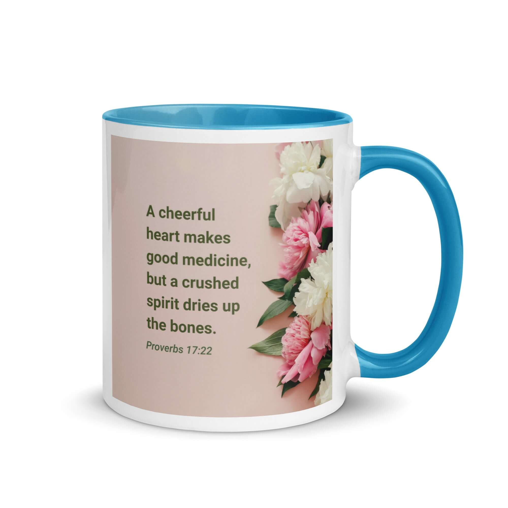 Proverbs 17:22 Bible Verse, good medicine White Ceramic Mug with Color Inside Blue 11 oz