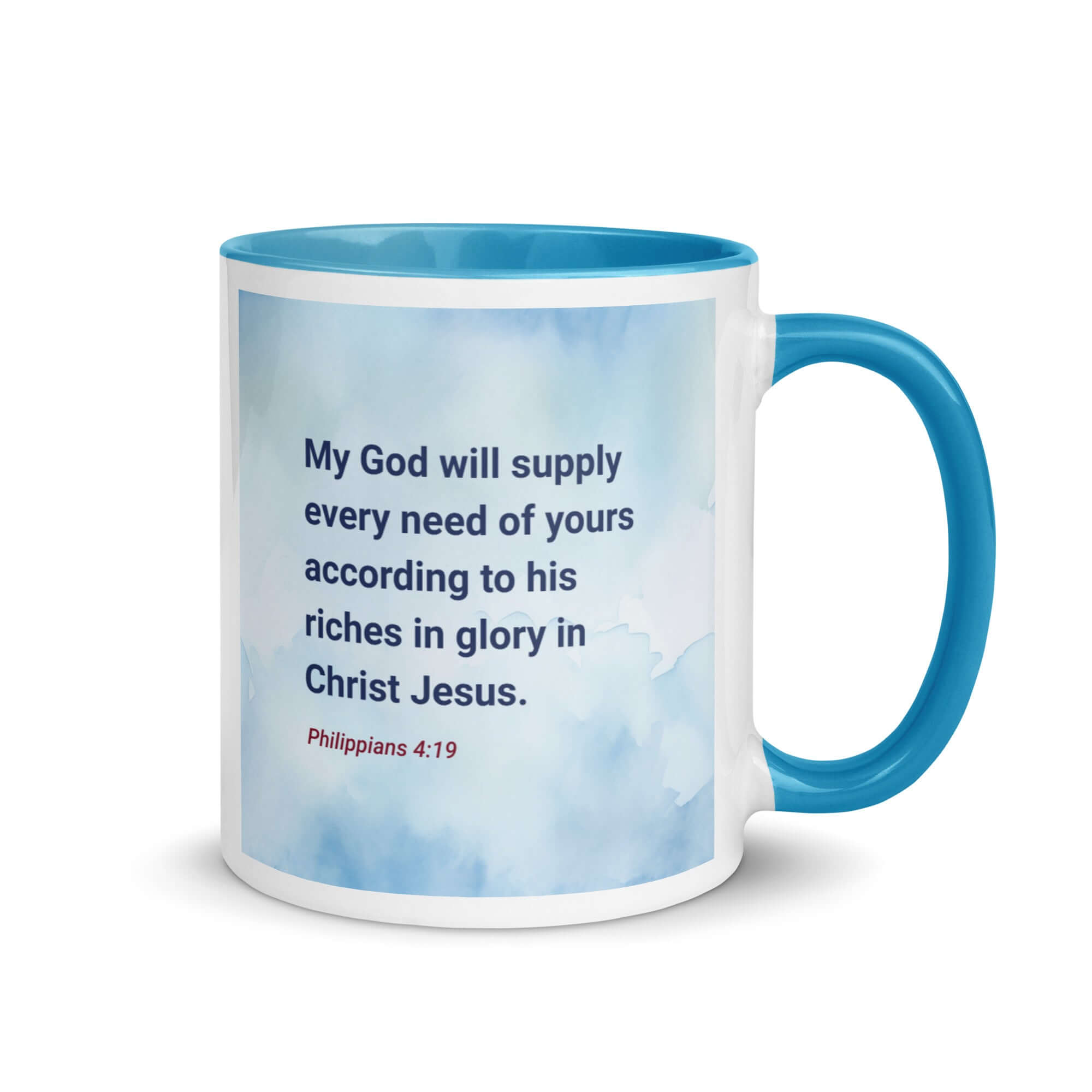 Philippians 4:19 Bible Verse, God will supply White Ceramic Mug with Color Inside Blue 11 oz