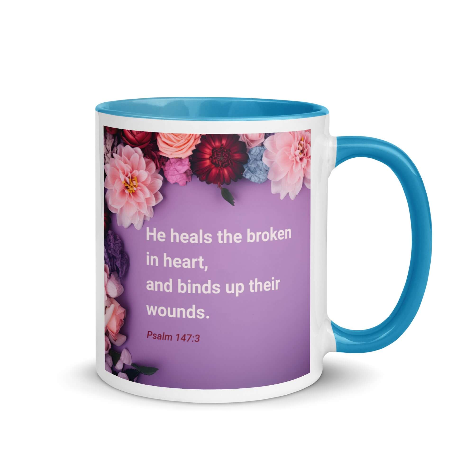 Psalm 147:3 Bible Verse, He heals the broken White Ceramic Mug with Color Inside Blue 11 oz