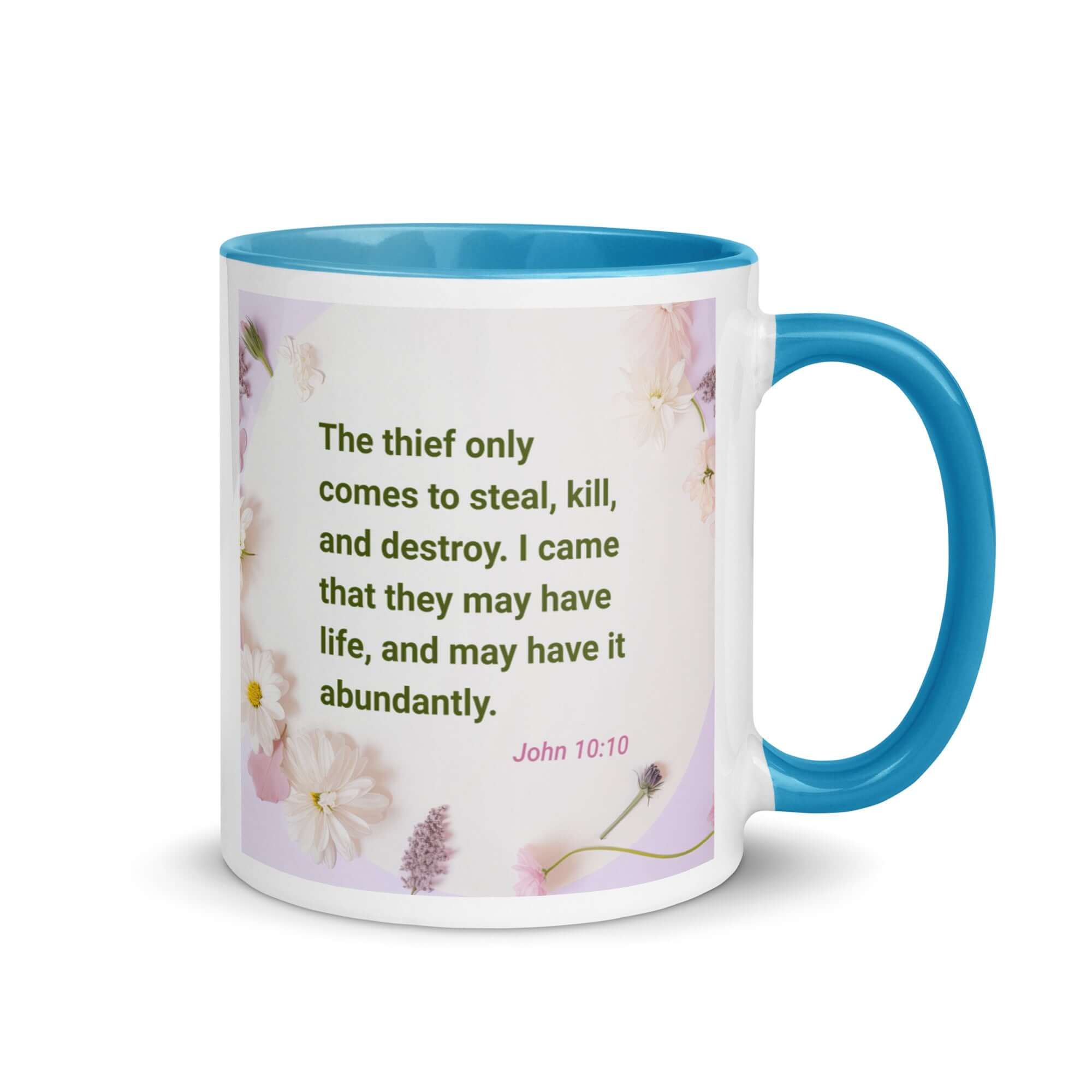 John 10:10 Bible Verse, Abundant Life White Ceramic Mug with Color Inside Blue 11 oz