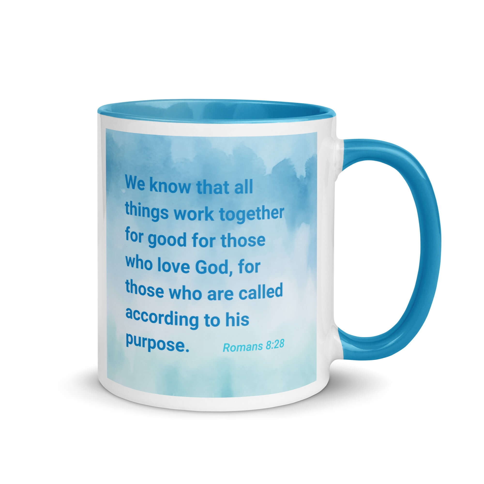 Romans 8:28 Bible Verse, together for good White Ceramic Mug with Color Inside Blue 11 oz