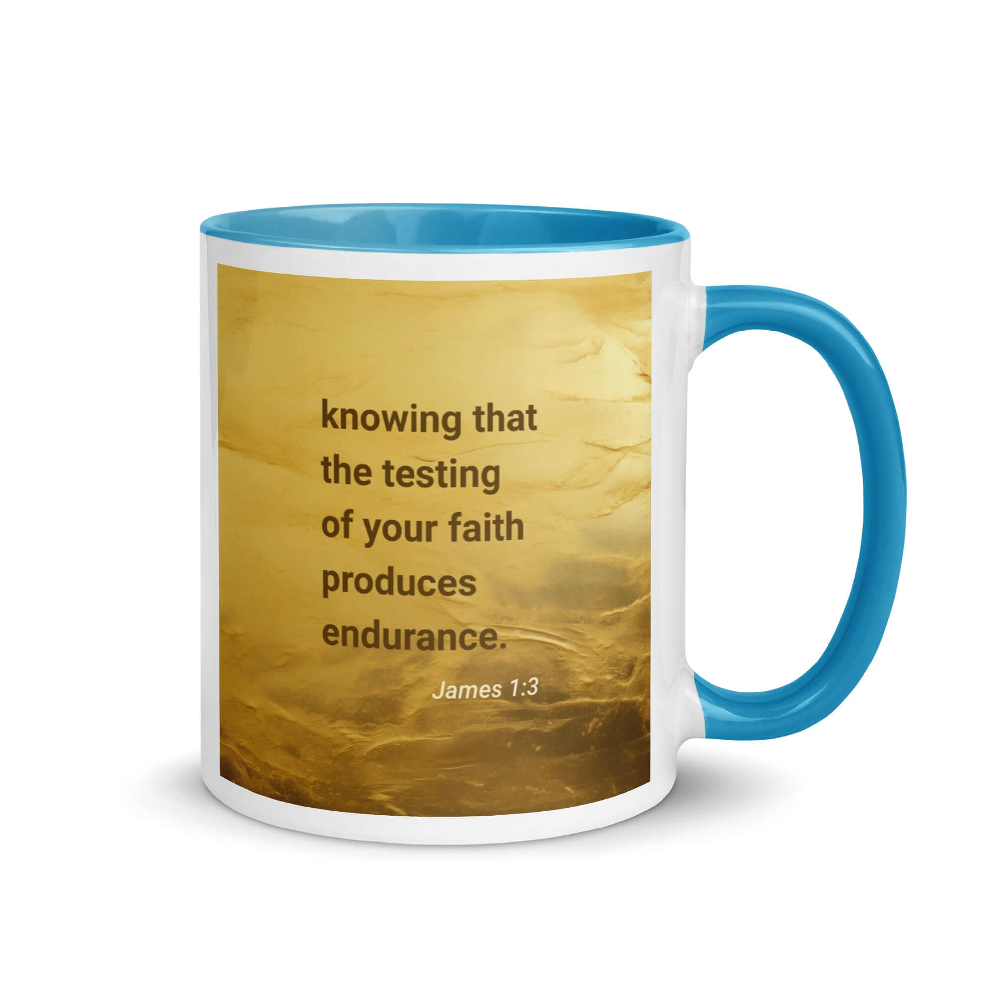 James 1:3 Bible Verse, testing of your faith White Ceramic Mug with Color Inside Blue 11 oz