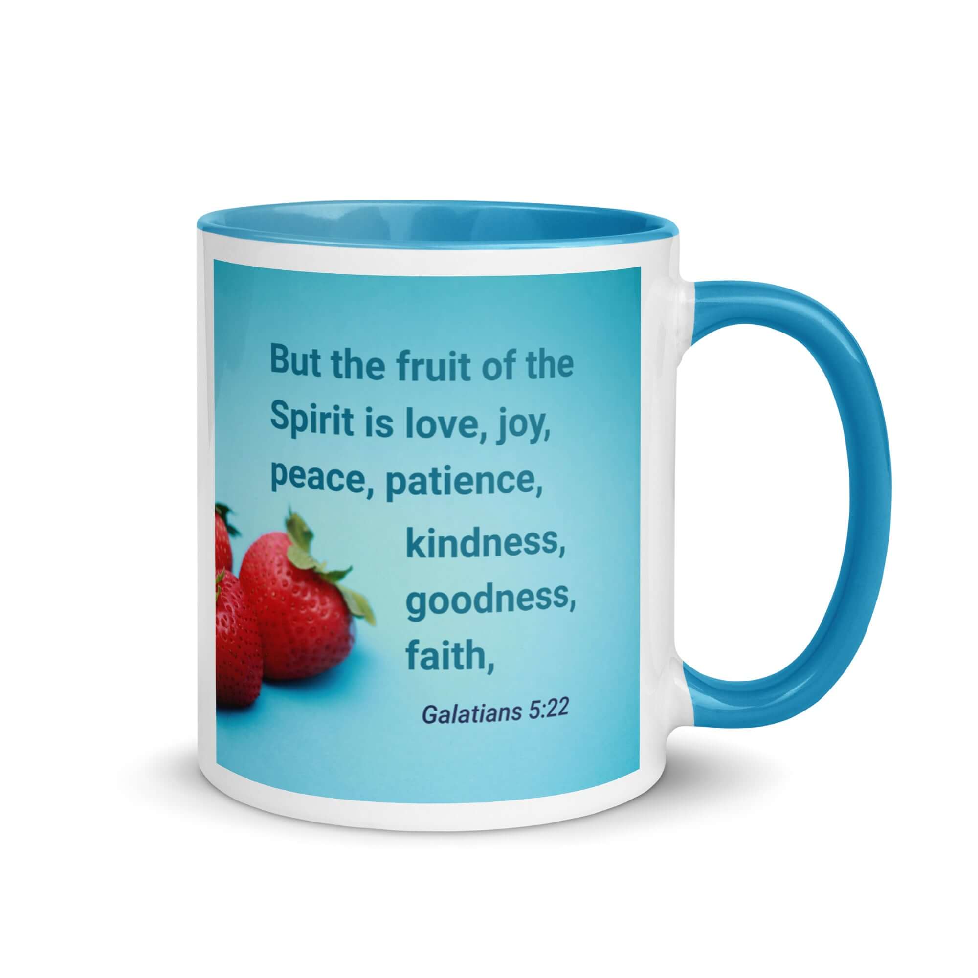 Galatians 5:22 Bible Verse, fruit of the Spirit White Ceramic Mug with Color Inside Blue 11 oz
