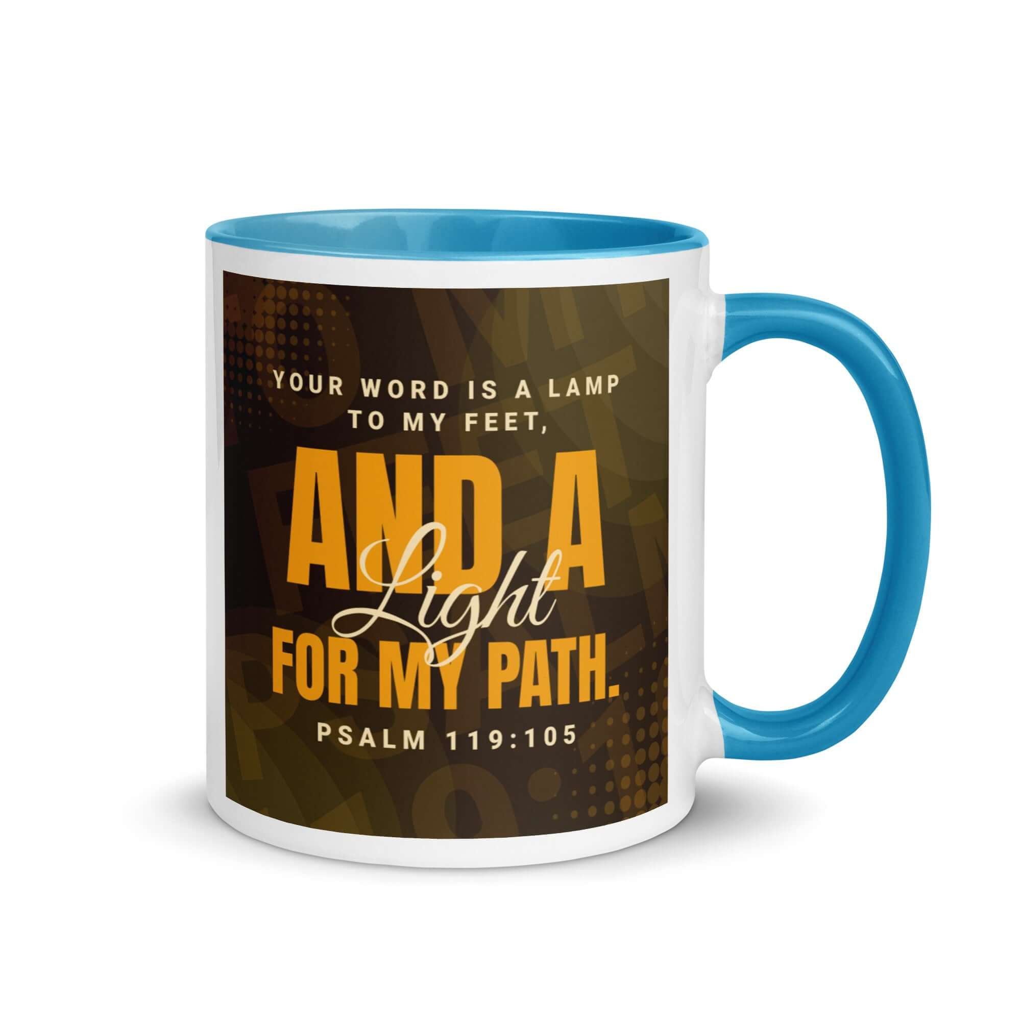 Psalm 119:105 Bible Verse, lamp to my feet White Ceramic Mug with Color Inside Blue 11 oz