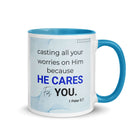 1 Peter 5:7 Bible Verse, casting all your worries on Him White Ceramic Mug with Color Inside Blue 11 oz