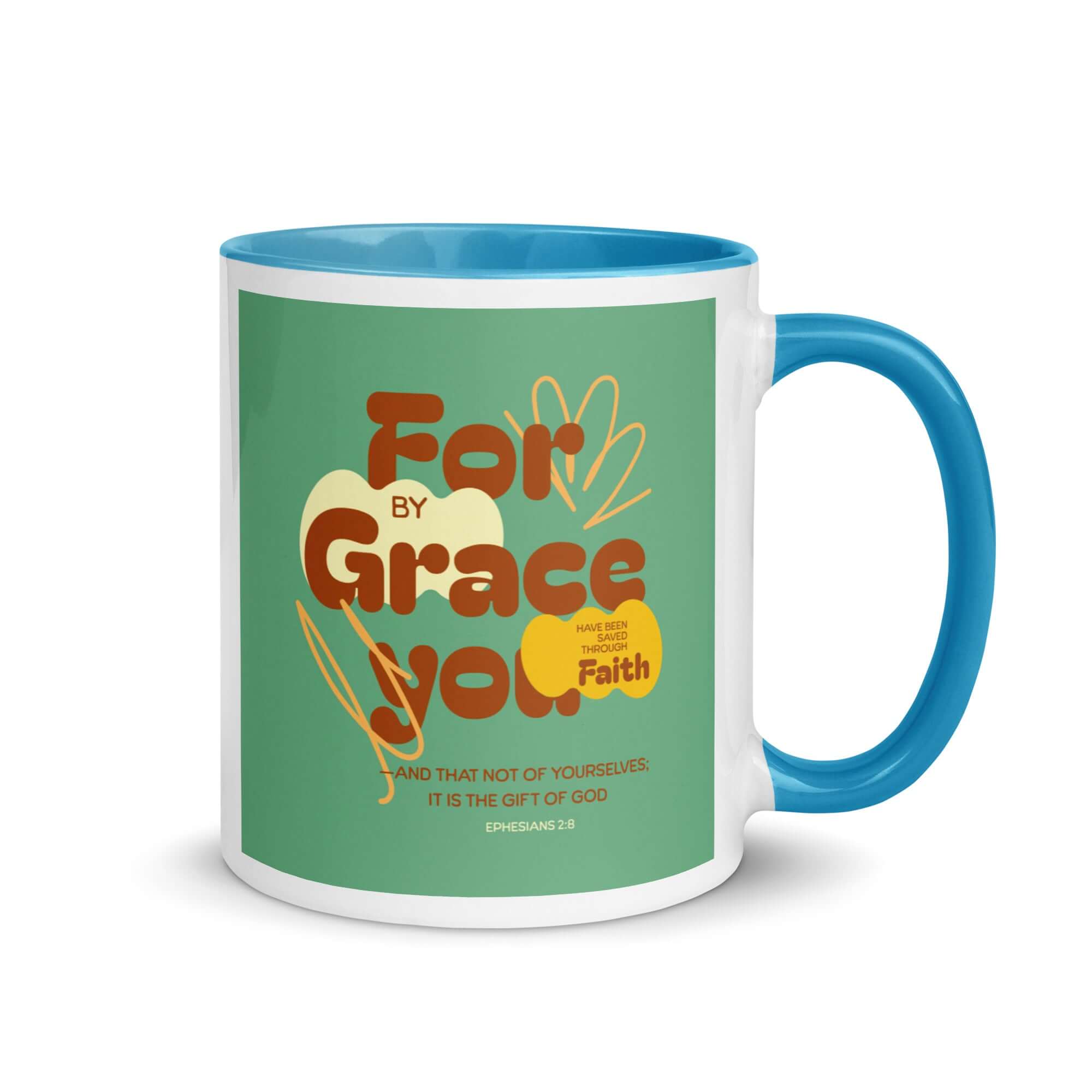 Ephesians 2:8 Bible Verse, for by grace White Ceramic Mug with Color Inside Blue 11 oz