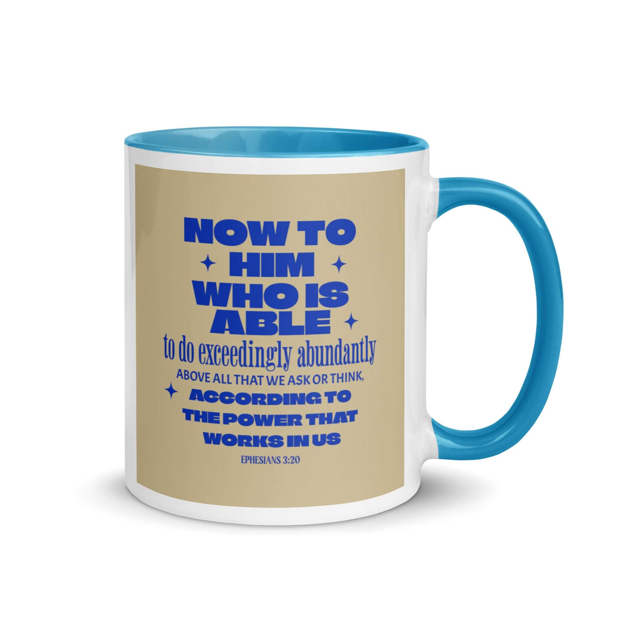 Ephesians 3:20 Bible Verse, power in us White Ceramic Mug with Color Inside Blue 11 oz