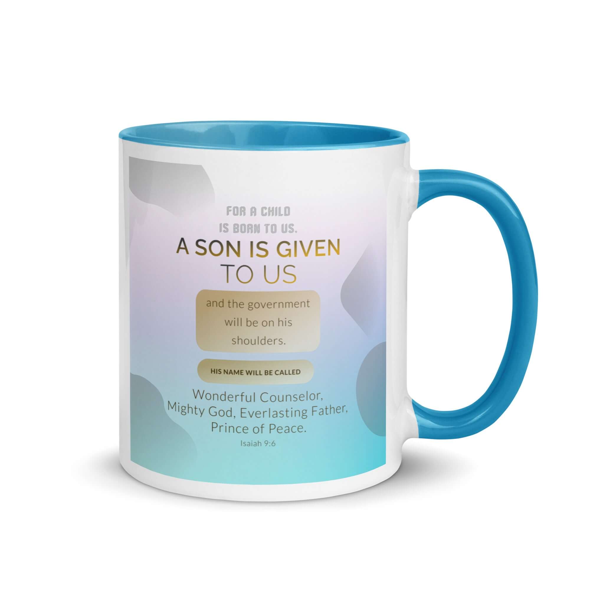 Isaiah 9:6 Bible Verse, Wonderful Counselor White Ceramic Mug with Color Inside Blue 11 oz