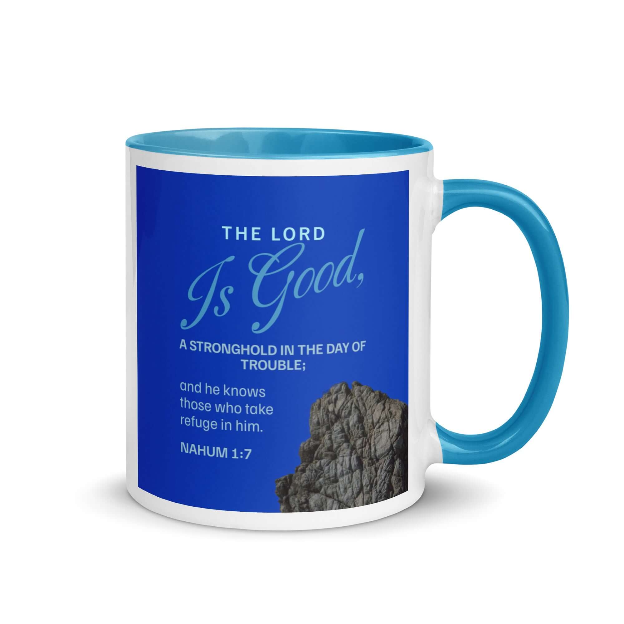 Nahum 1:7 Bible Verse, The LORD is a stronghold White Ceramic Mug with Color Inside Blue 11 oz