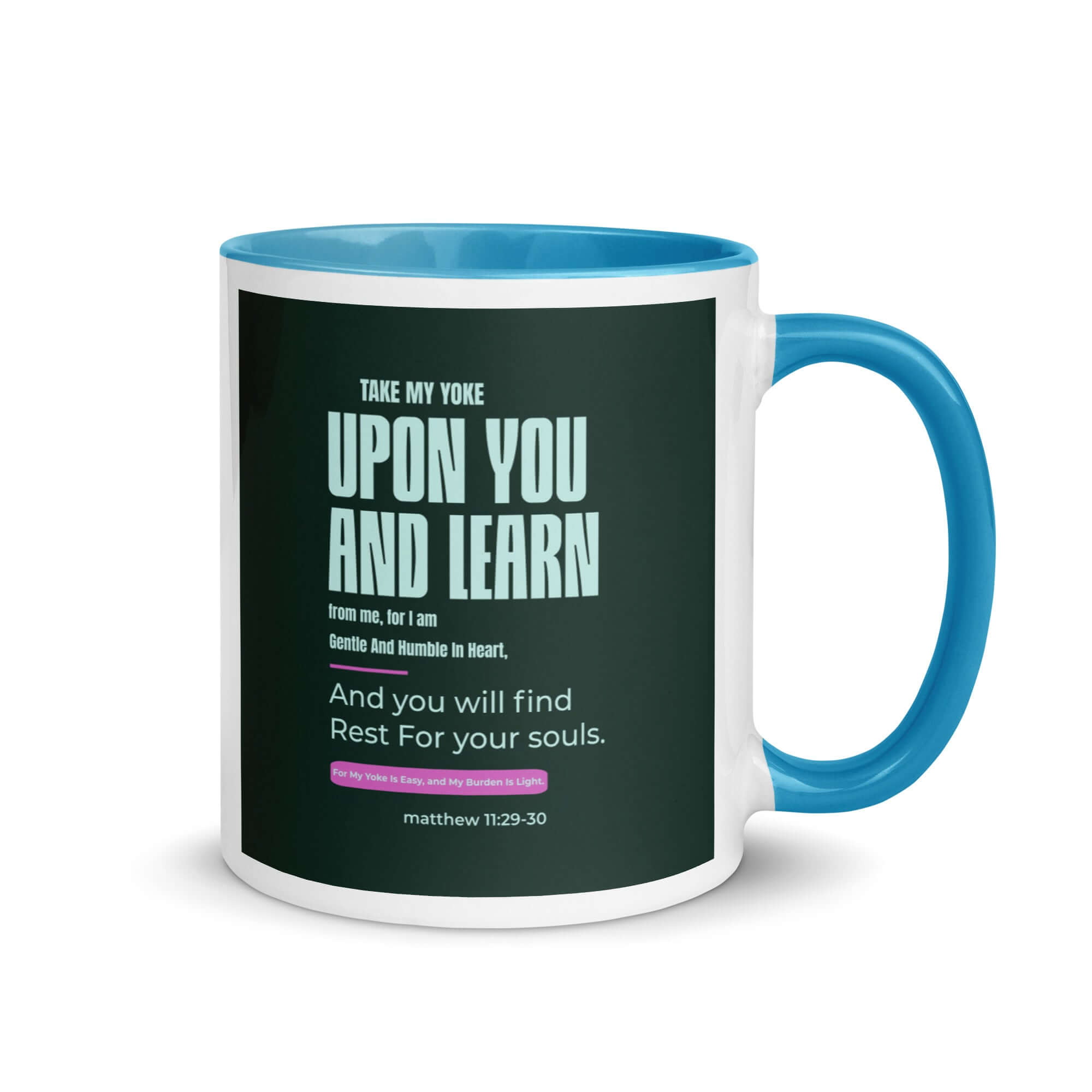 Matthew 11:29-30 Bible Verse, I am gentle White Ceramic Mug with Color Inside Blue 11 oz