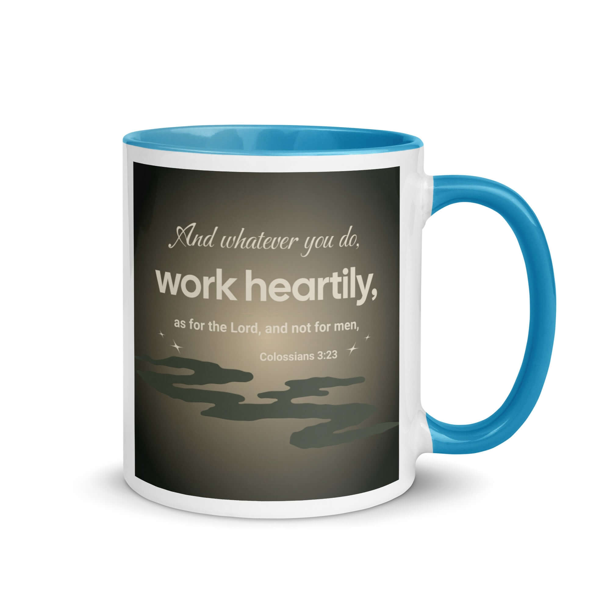 Colossians 3:23 Bible Verse, as for the Lord White Ceramic Mug with Color Inside Blue 11 oz