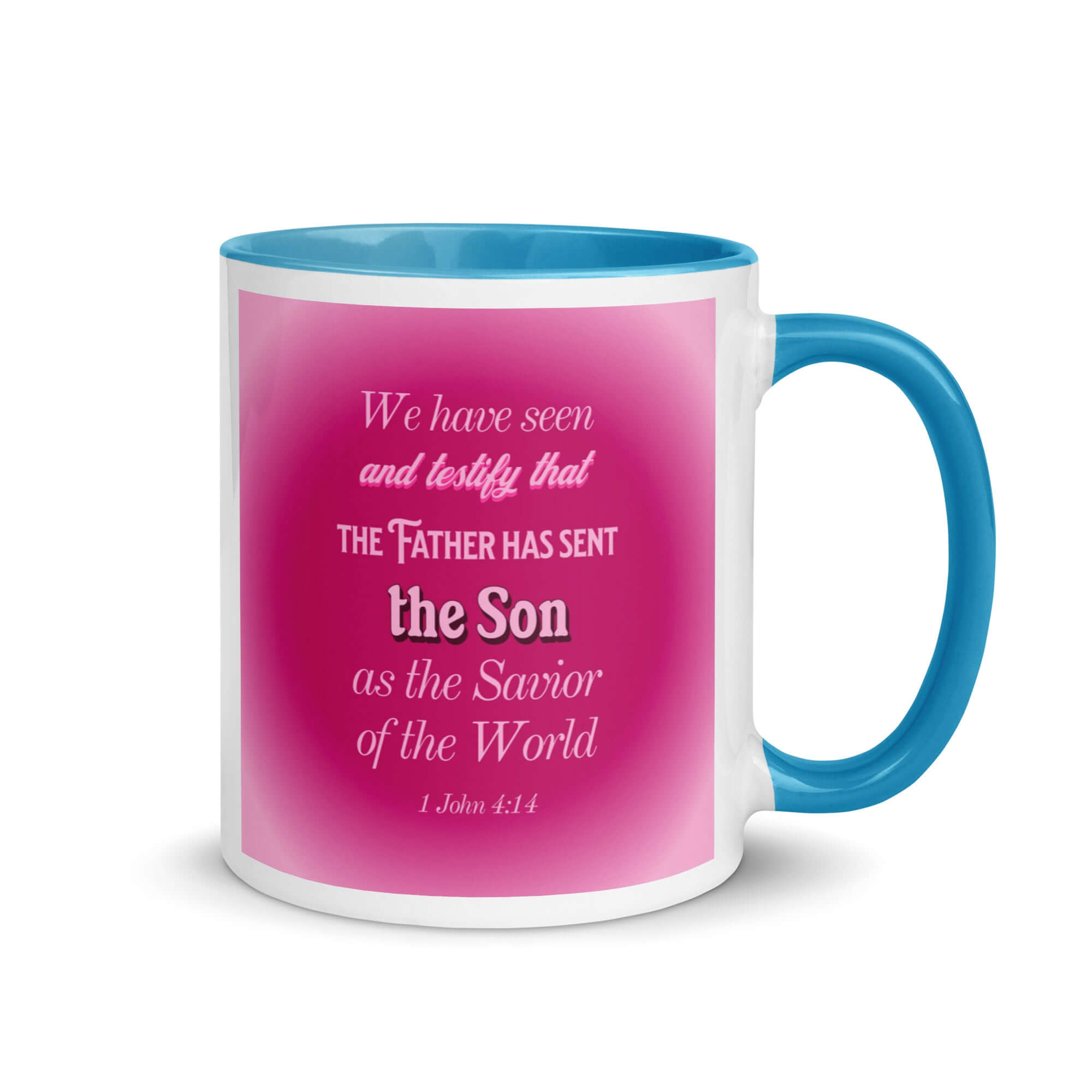 1 John 4:14 Bible Verse, that the Father White Ceramic Mug with Color Inside Blue 11 oz