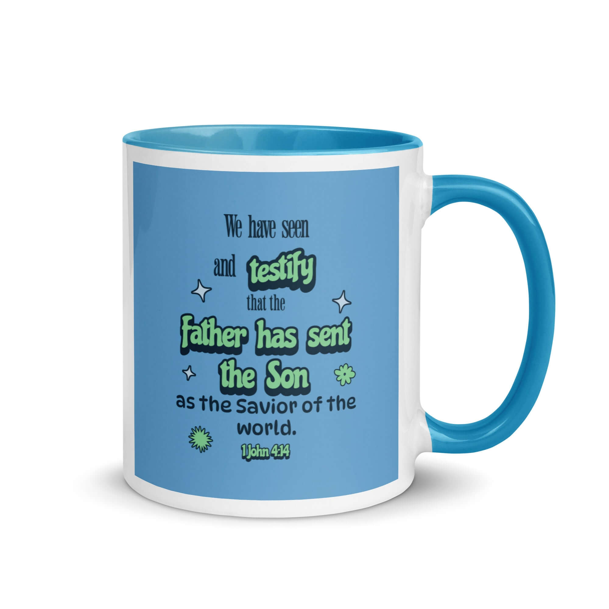 1 John 4:14 Bible Verse, sent the Son White Ceramic Mug with Color Inside Blue 11 oz