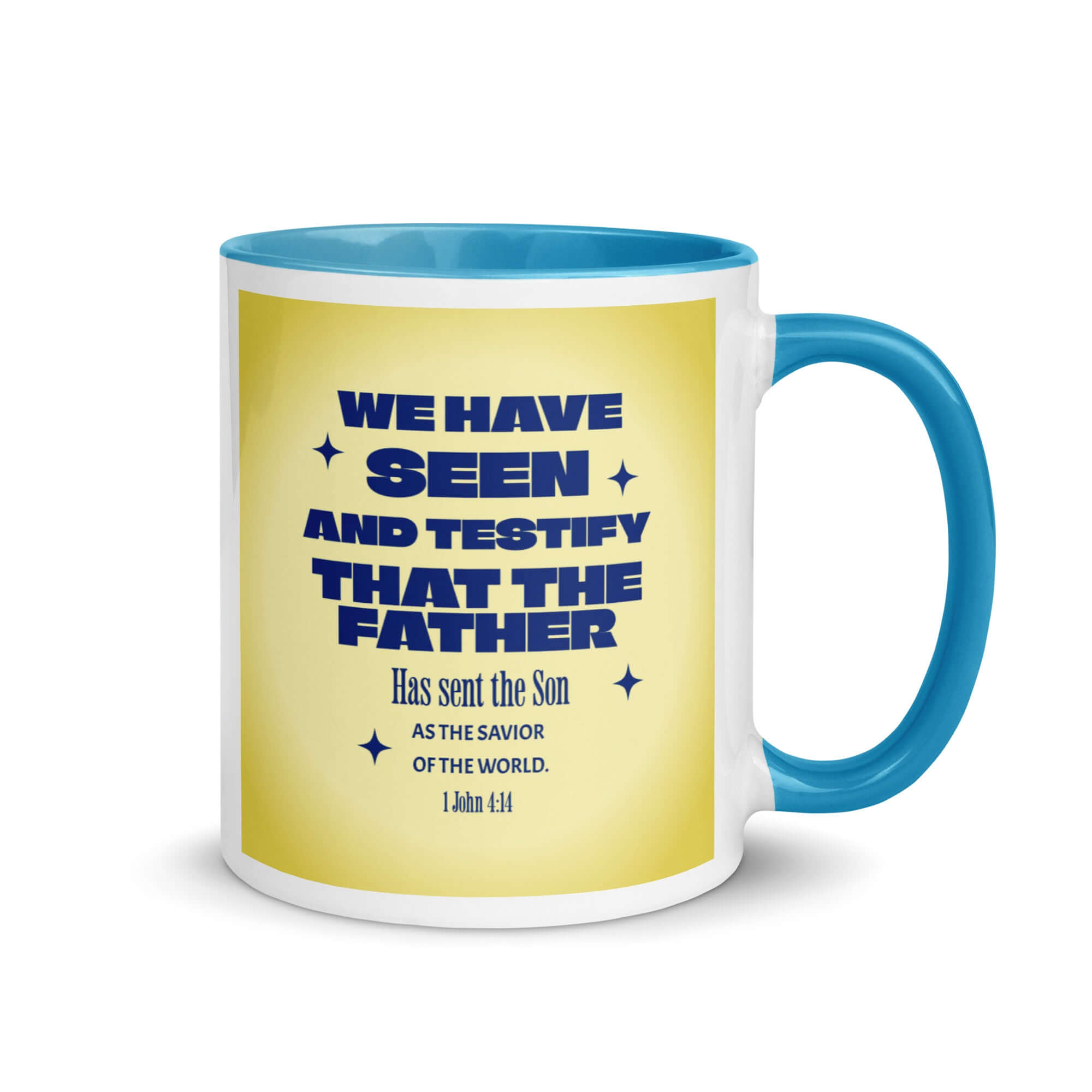 1 John 4:14 Bible Verse, Savior of the world White Ceramic Mug with Color Inside Blue 11 oz