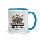 1 John 4:8 Bible Verse, God is Love White Ceramic Mug with Color Inside Blue 11 oz