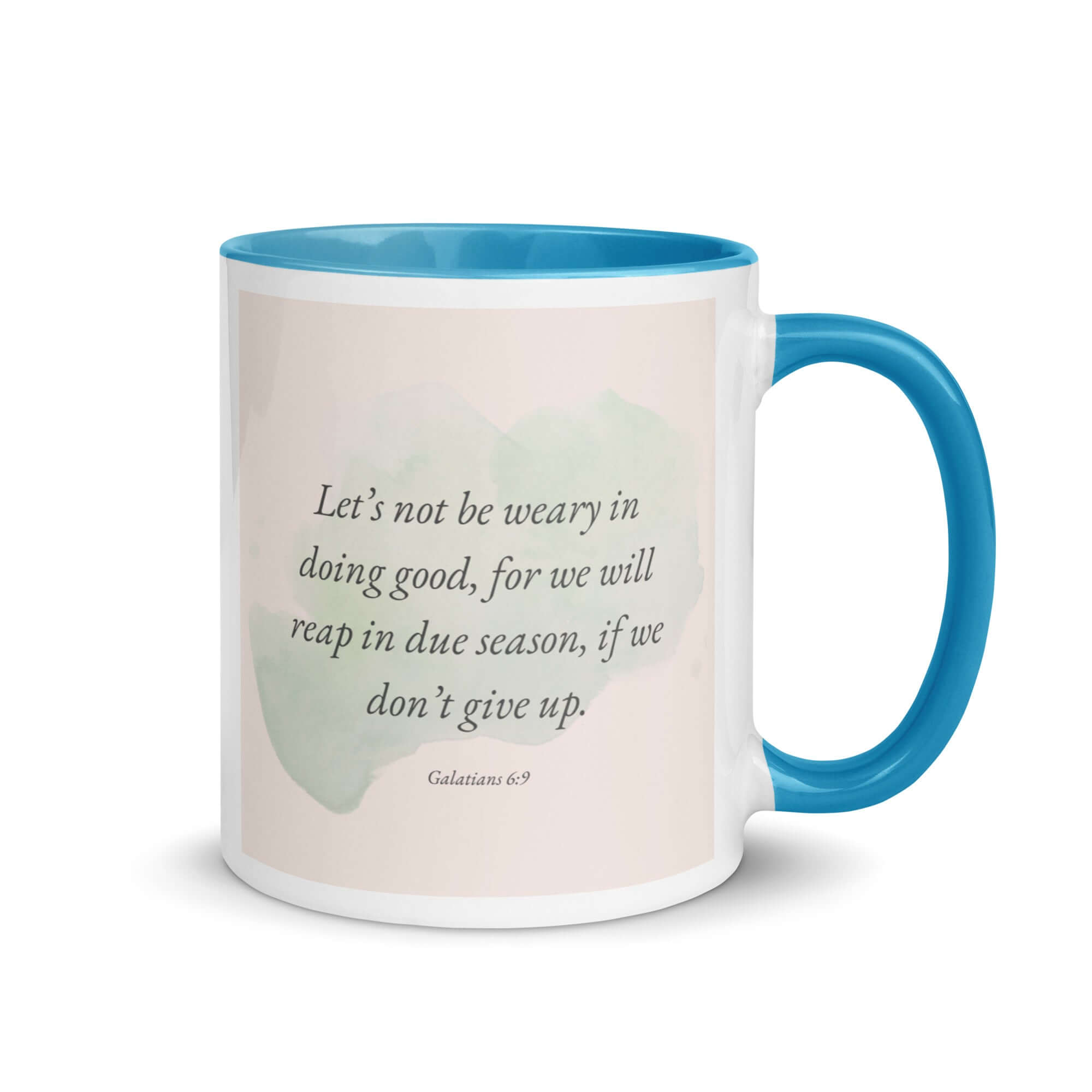 Galatians 6:9 Bible Verse, not be weary White Ceramic Mug with Color Inside Blue 11 oz