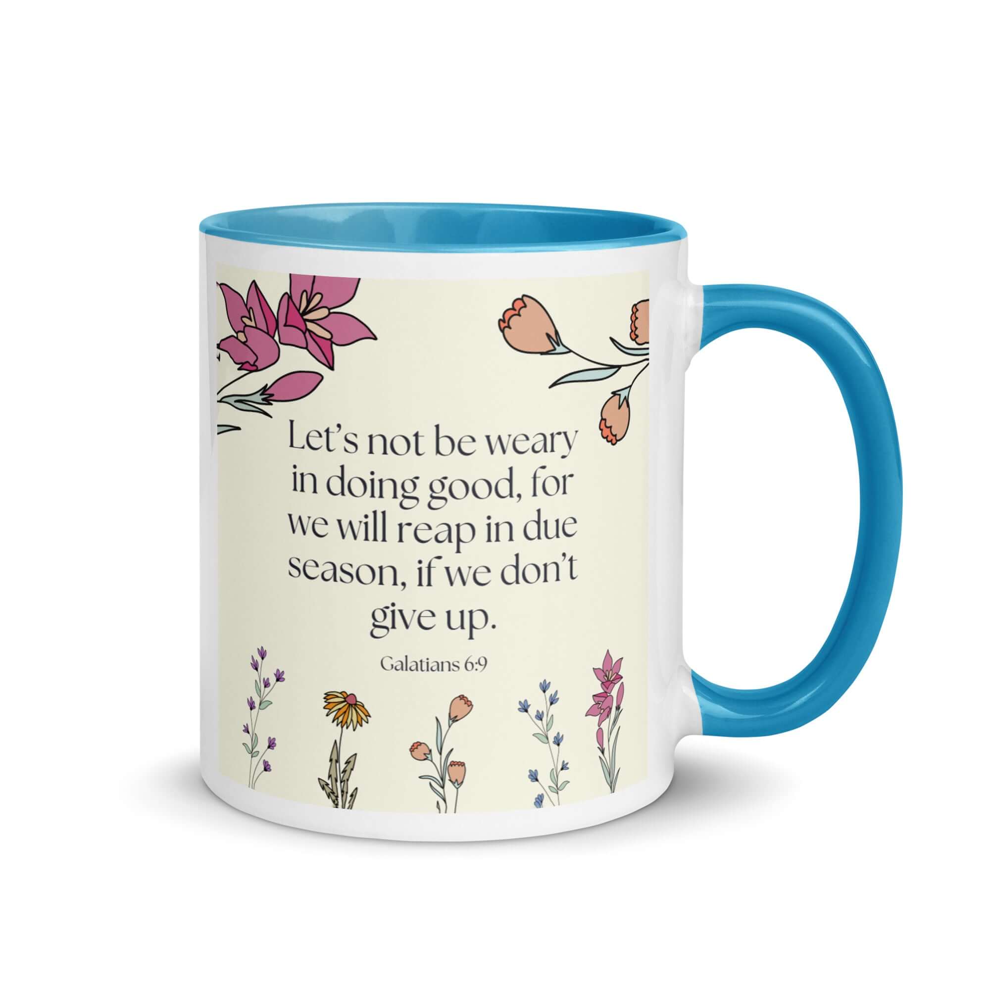 Galatians 6:9 Bible Verse, in doing good White Ceramic Mug with Color Inside Blue 11 oz