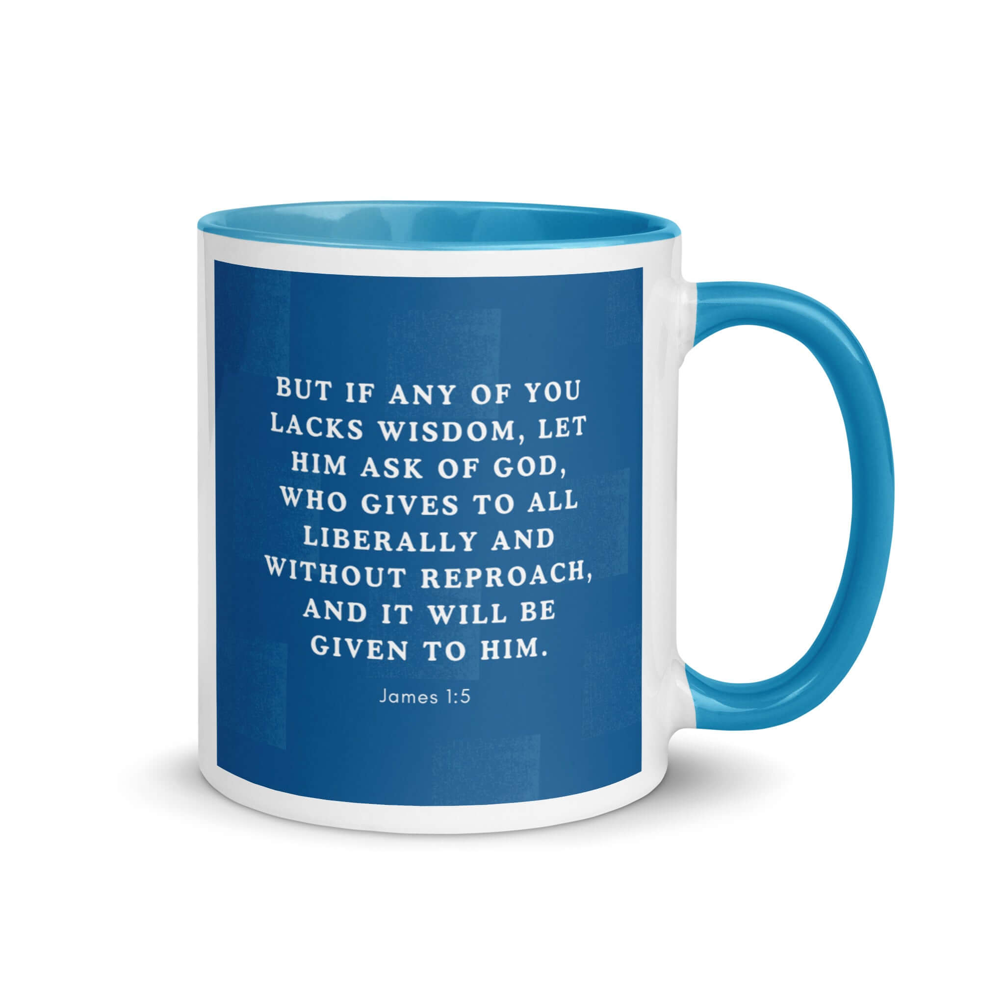 James 1:5 Bible Verse, gives to all White Ceramic Mug with Color Inside Blue 11 oz