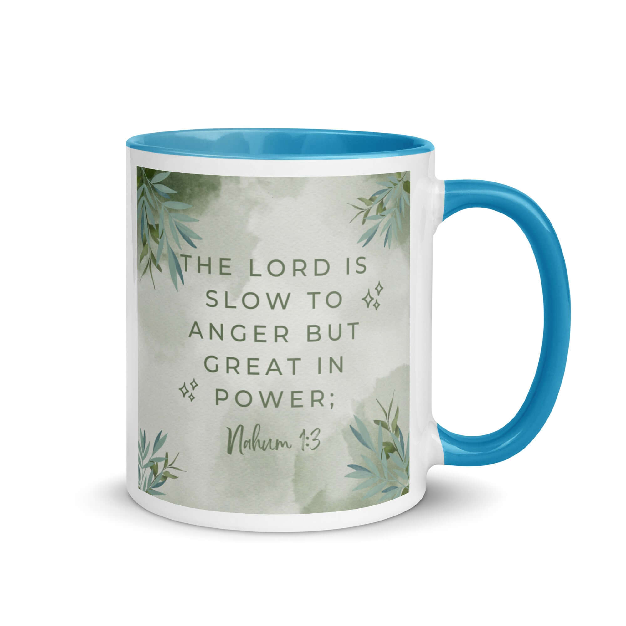 Nahum 1:3 Bible Verse, The Lord is slow White Ceramic Mug with Color Inside Blue 11 oz