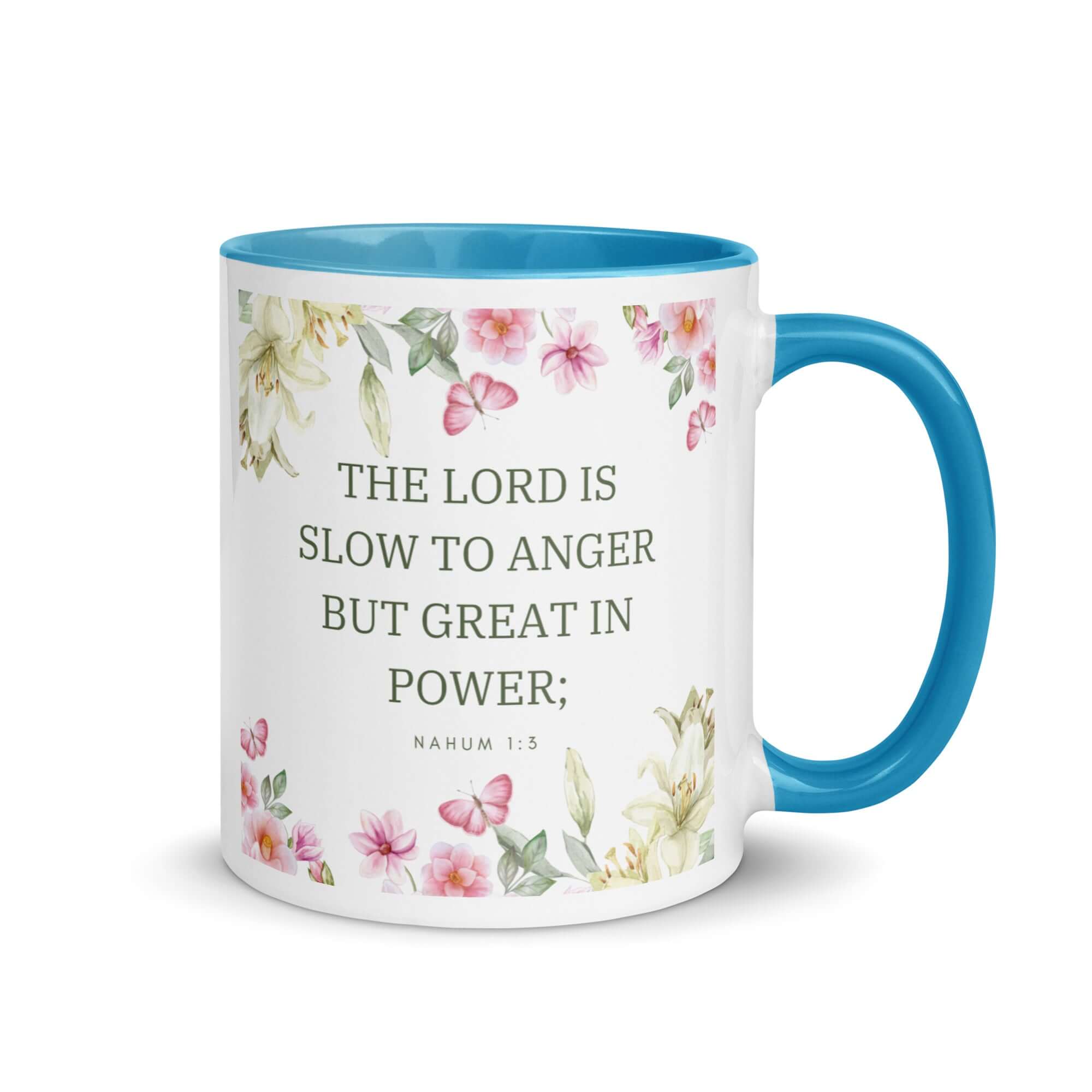 Nahum 1:3 Bible Verse, slow to anger White Ceramic Mug with Color Inside Blue 11 oz