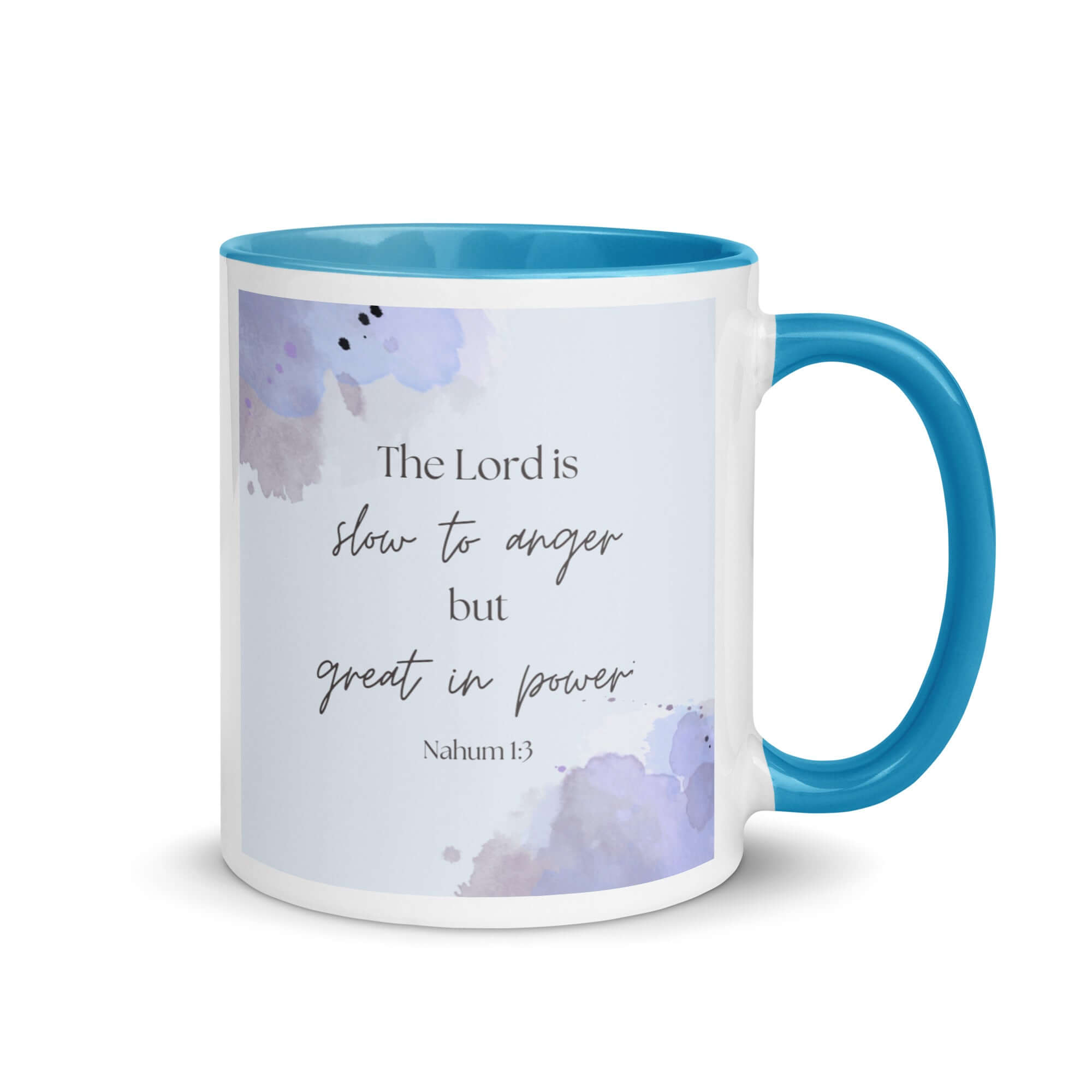 Nahum 1:3 Bible Verse, great in power White Ceramic Mug with Color Inside Blue 11 oz