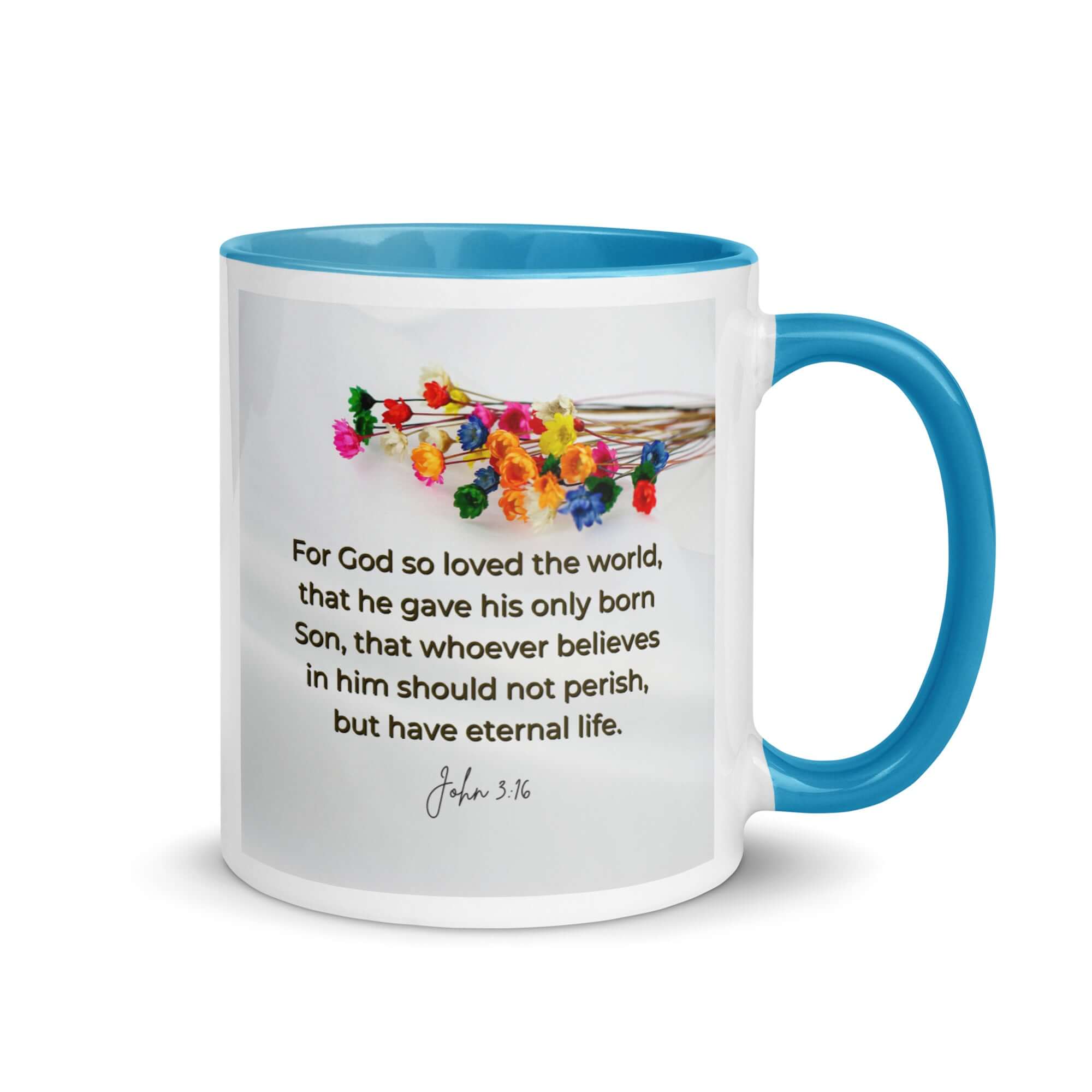 John 3:16 Bible Verse, He gave His Son White Ceramic Mug with Color Inside Blue 11 oz