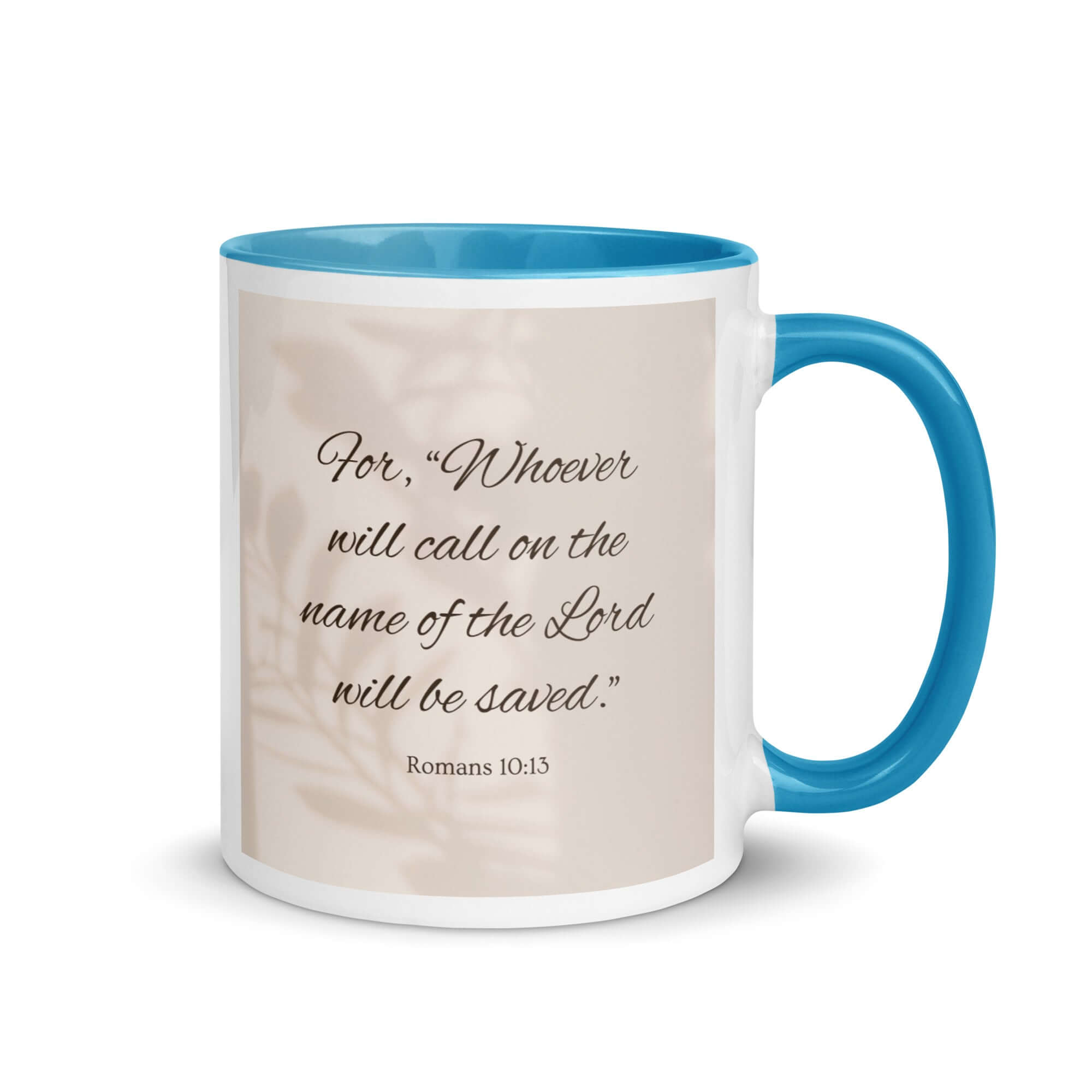 Romans 10:13 Bible Verse, Whoever White Ceramic Mug with Color Inside Blue 11 oz