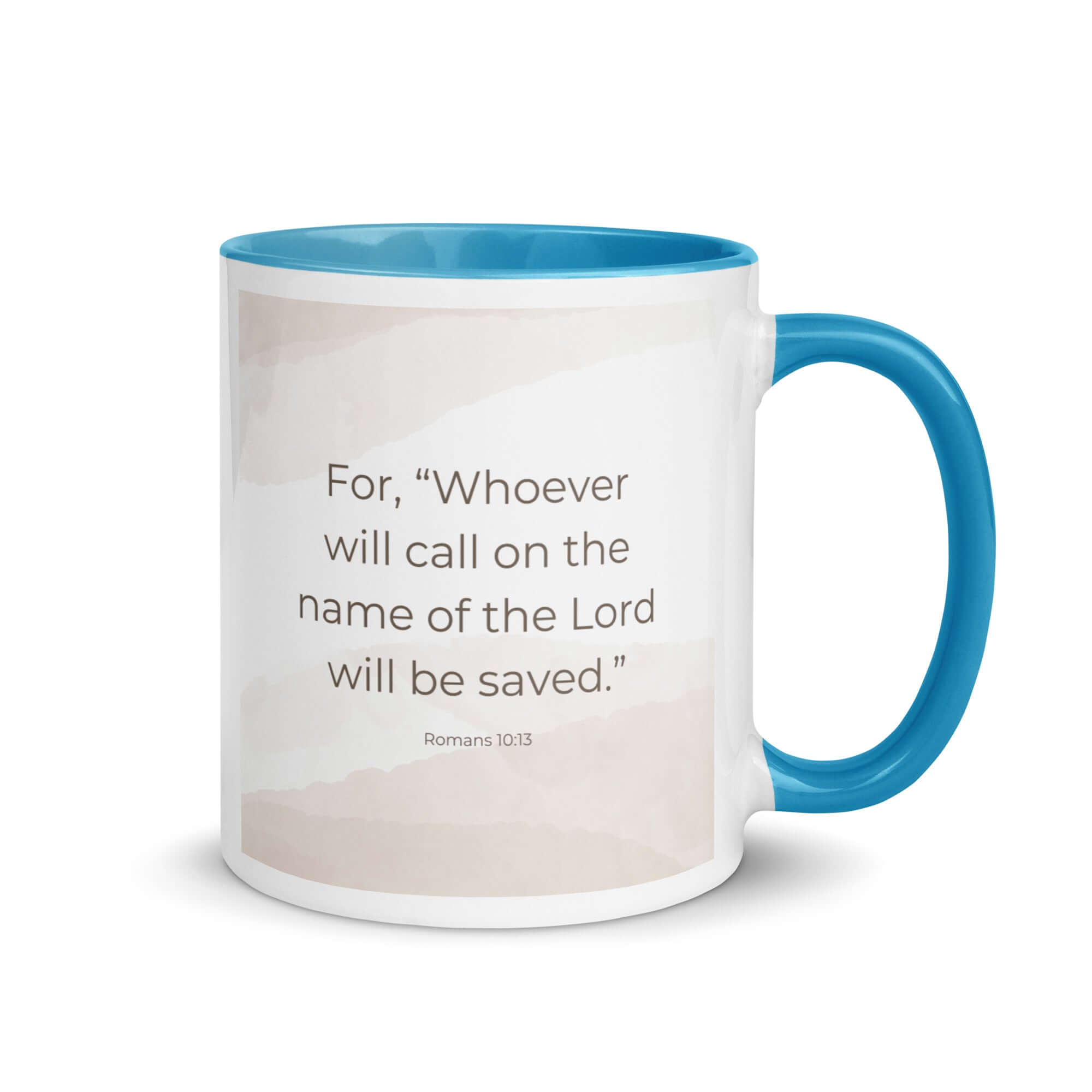 Romans 10:13 Bible Verse, the name White Ceramic Mug with Color Inside Blue 11 oz
