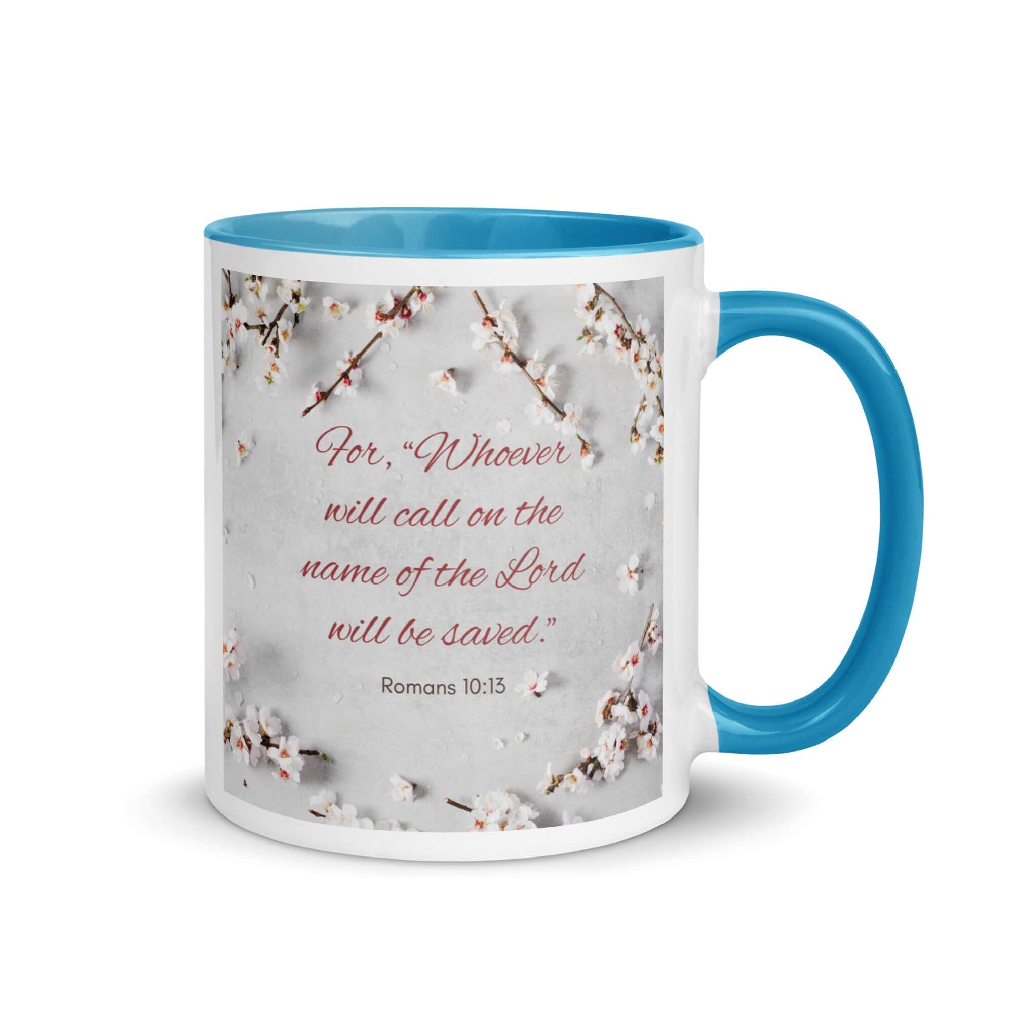 Romans 10:13 Bible Verse, the Lord White Ceramic Mug with Color Inside Blue 11 oz