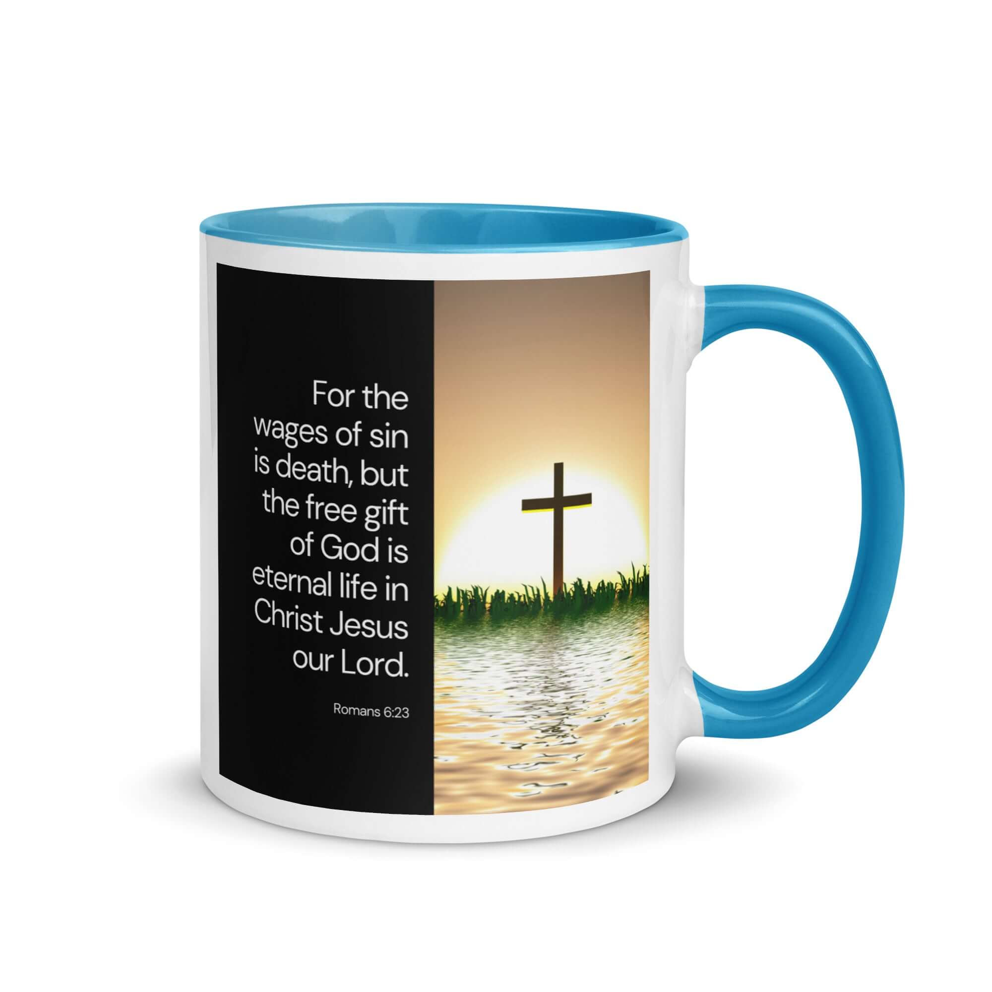Romans 6:23 Bible Verse, the wages White Ceramic Mug with Color Inside Blue 11 oz
