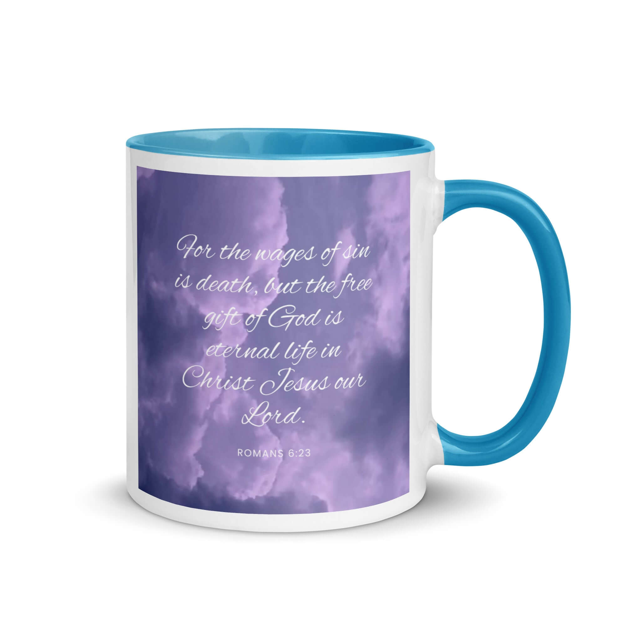 Romans 6:23 Bible Verse, free gift White Ceramic Mug with Color Inside Blue 11 oz