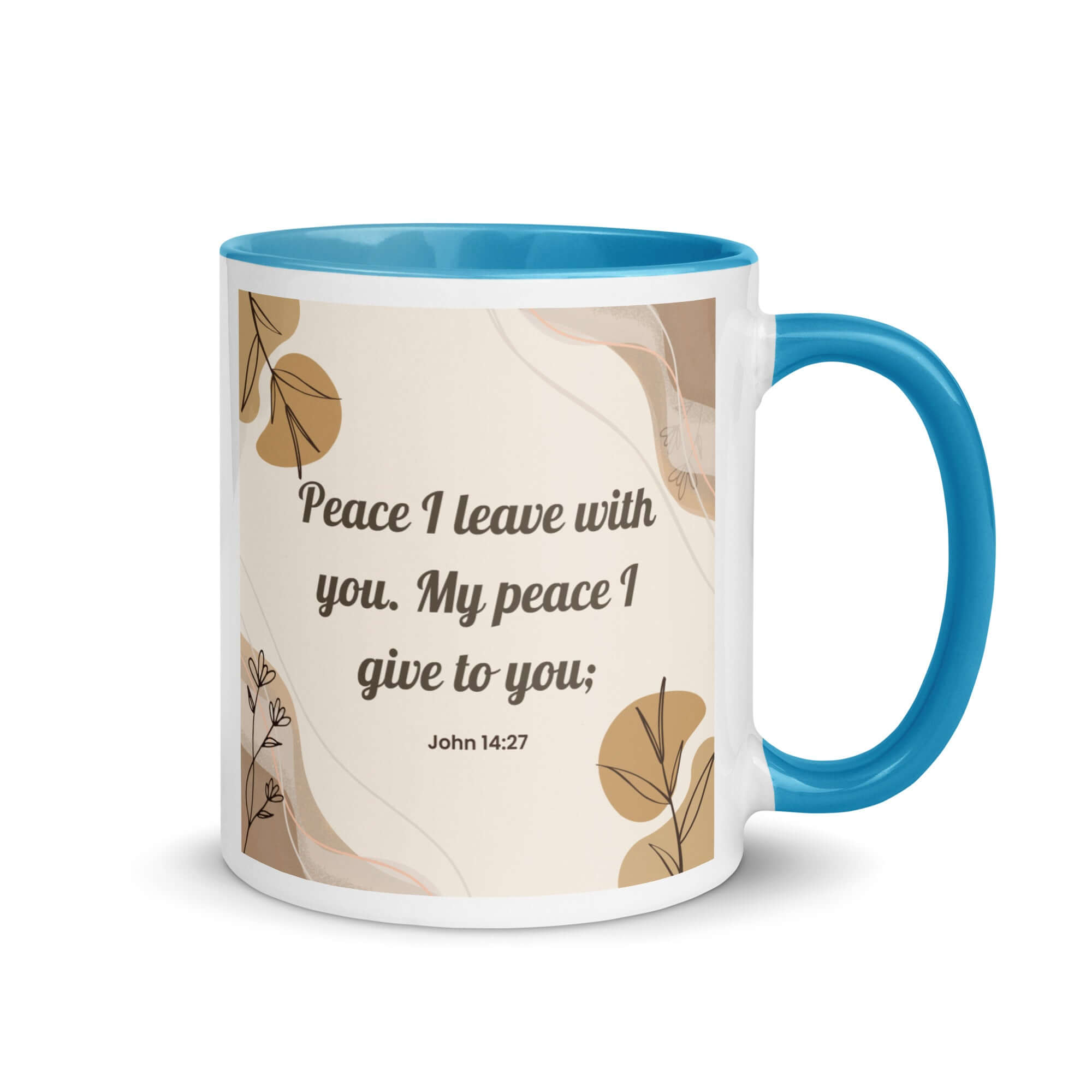 John 14:27 Bible Verse, Peace I White Ceramic Mug with Color Inside Blue 11 oz