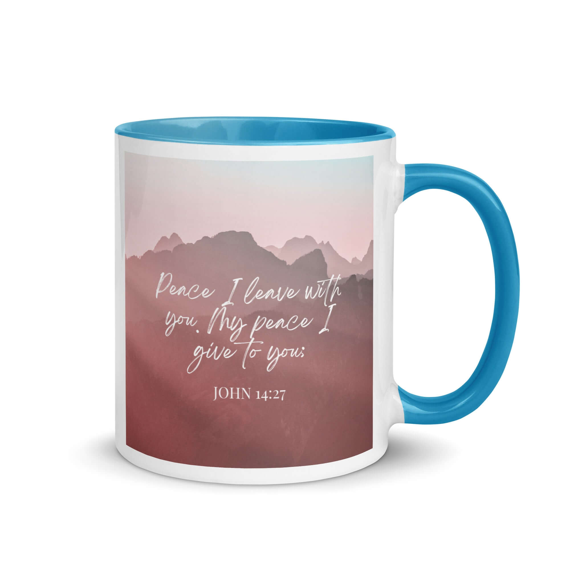 John 14:27 Bible Verse, I give you White Ceramic Mug with Color Inside Blue 11 oz