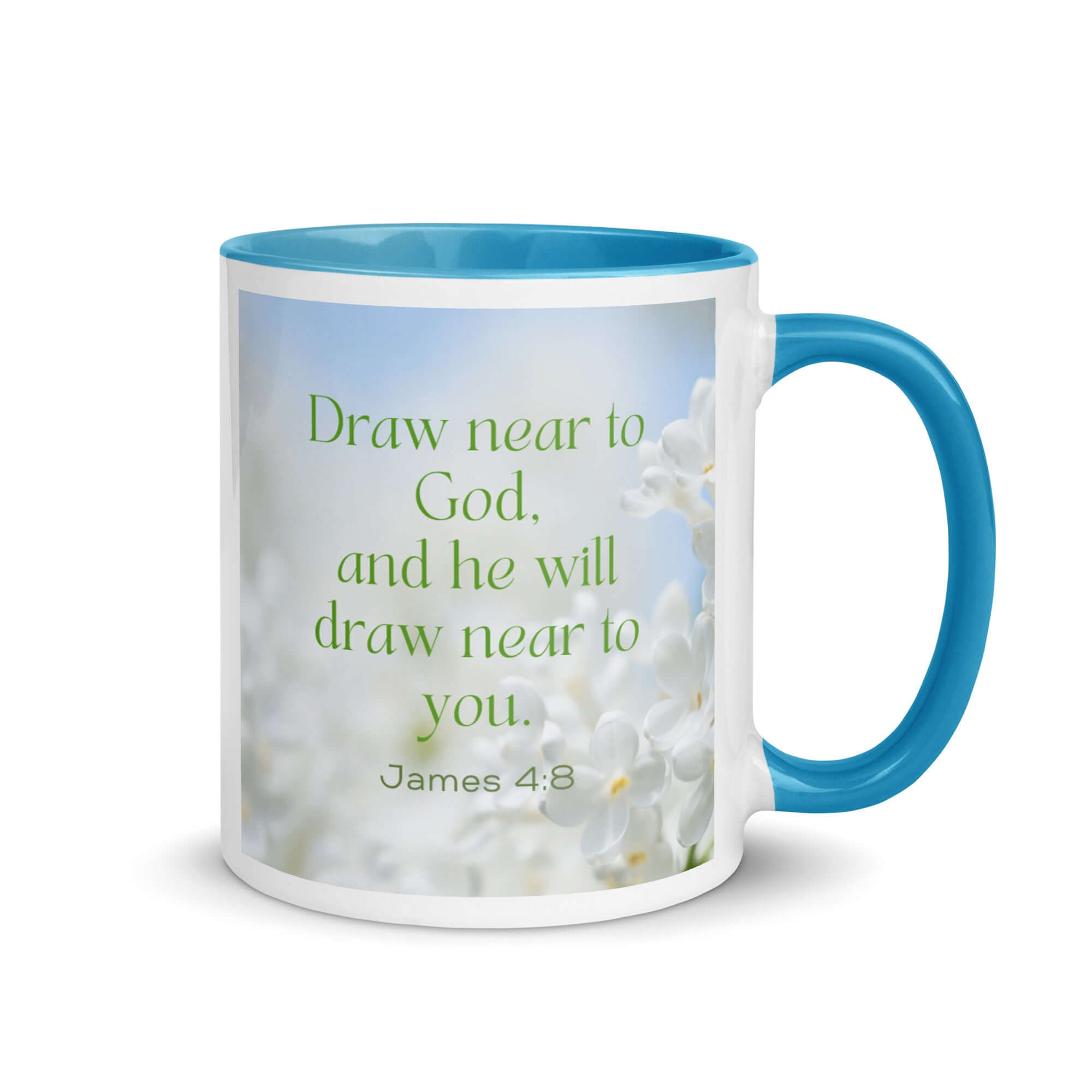 James 4:8 Bible Verse, Draw near White Ceramic Mug with Color Inside Blue 11 oz