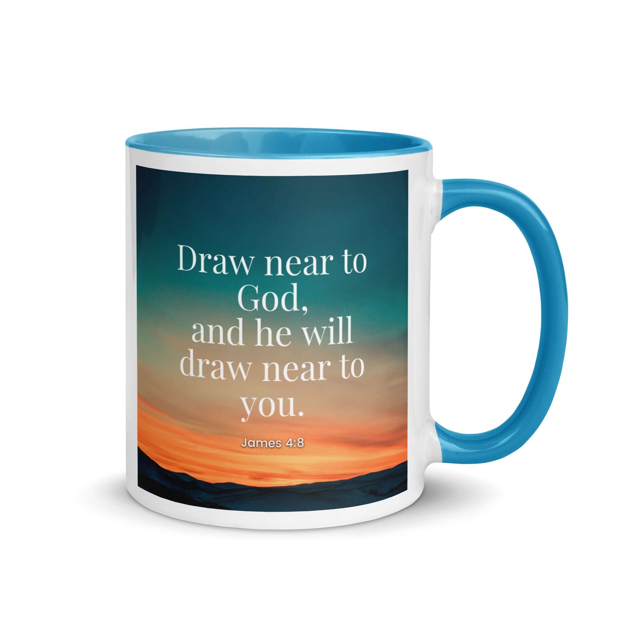 James 4:8 Bible Verse, near to God White Ceramic Mug with Color Inside Blue 11 oz