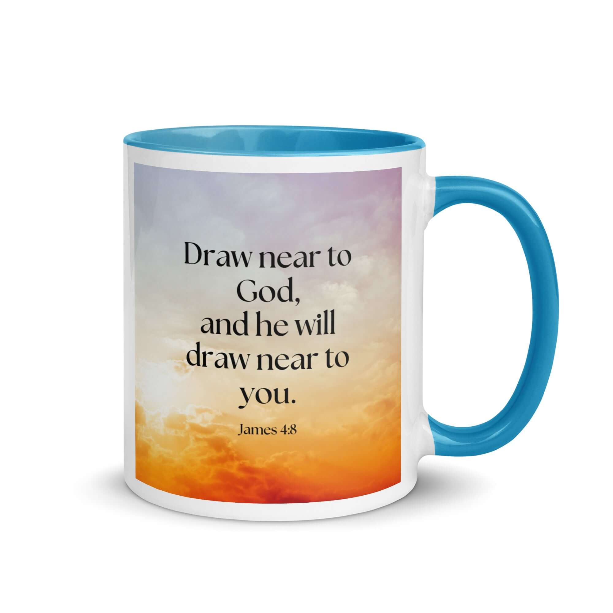 James 4:8 Bible Verse, he will draw White Ceramic Mug with Color Inside Blue 11 oz