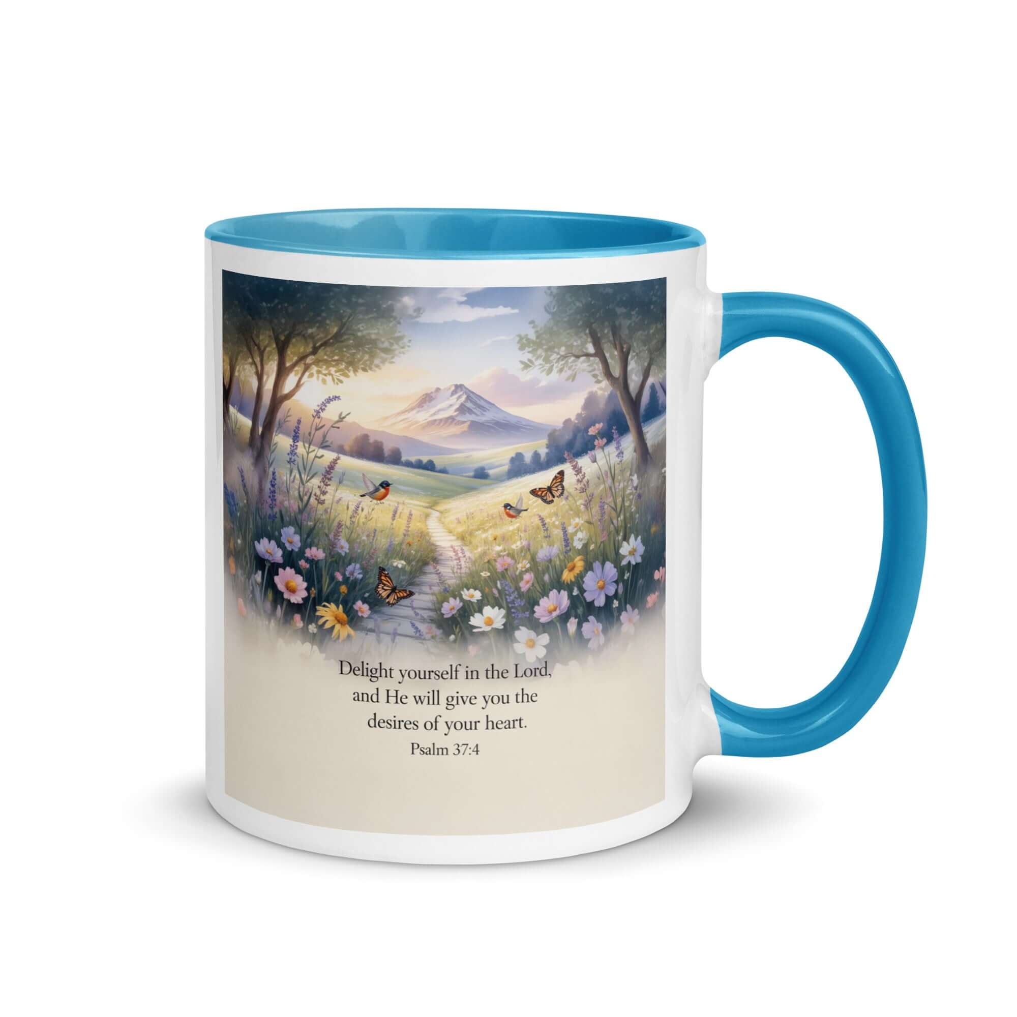 Psalm 37:4 Bible Verse, Delight White Ceramic Mug with Color Inside Blue 11 oz