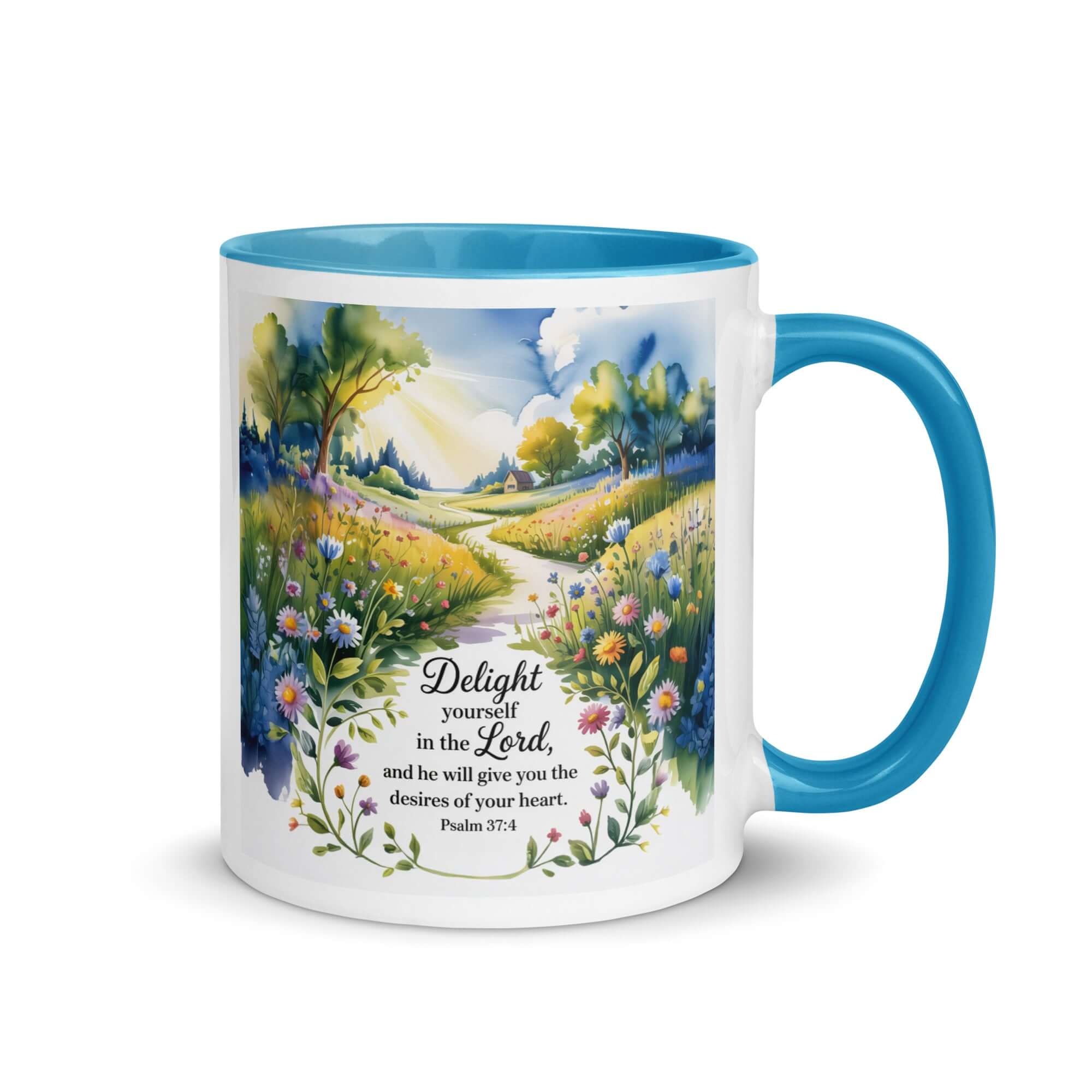 Psalm 37:4 Bible Verse, desires White Ceramic Mug with Color Inside Blue 11 oz