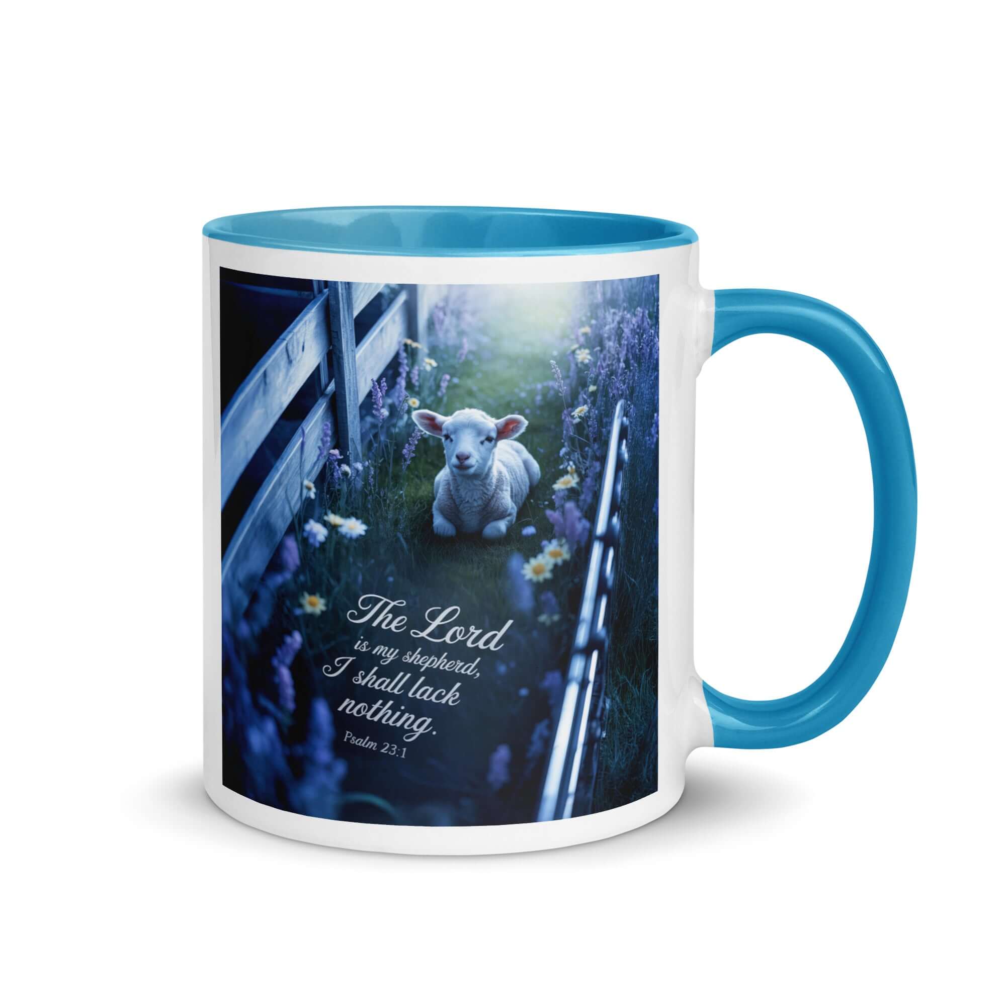 Psalm 23:1 Bible Verse, Shepherd White Ceramic Mug with Color Inside Blue 11 oz