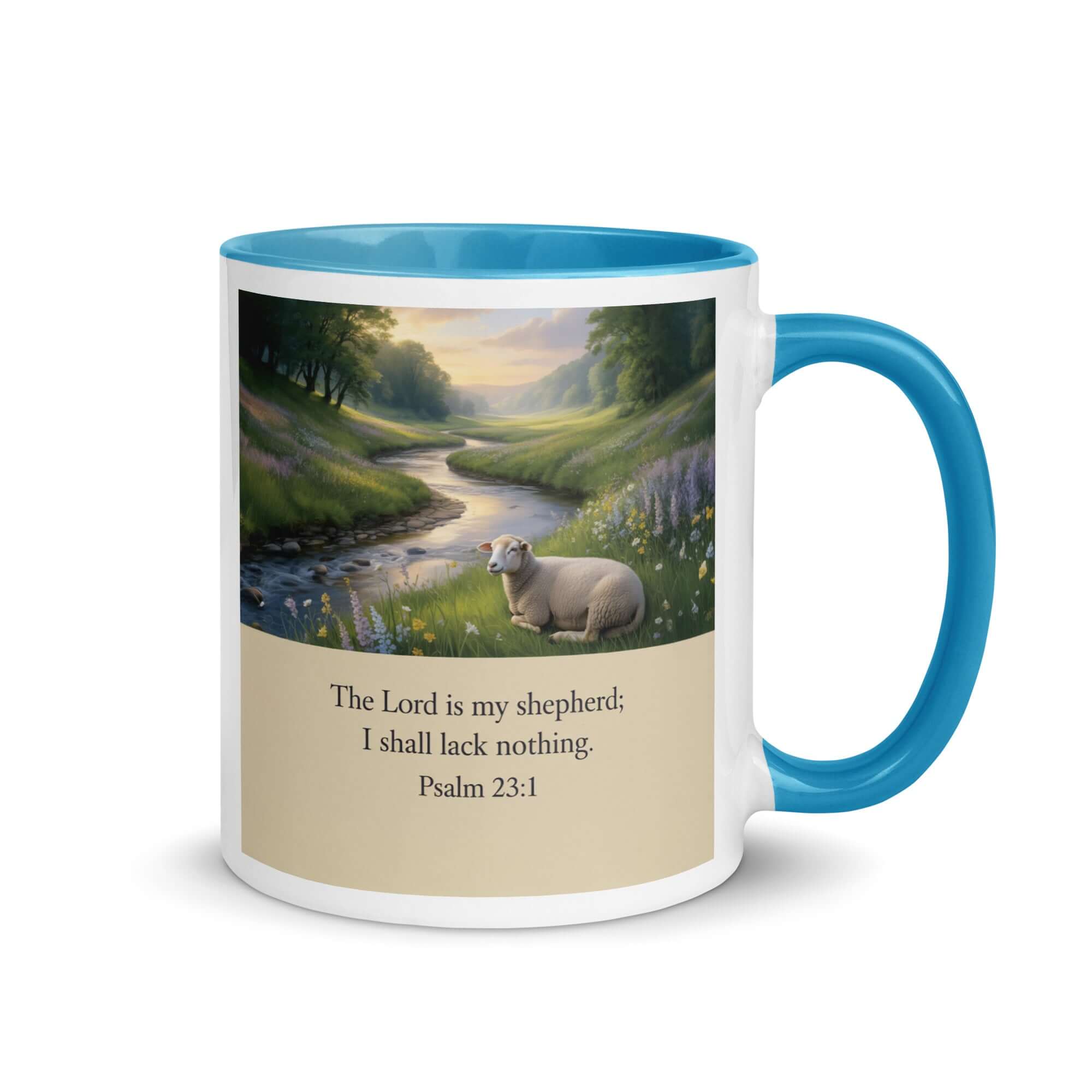 Psalm 23:1 Bible Verse, I shall White Ceramic Mug with Color Inside Blue 11 oz