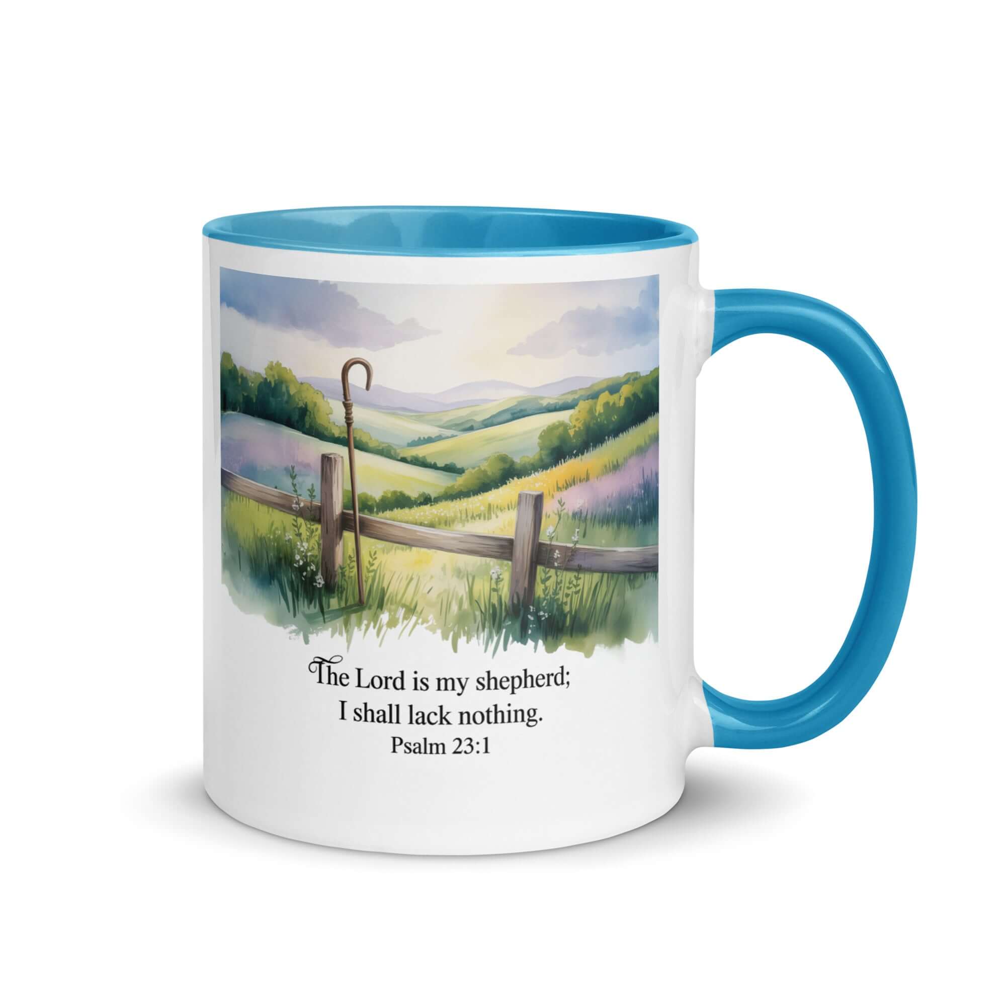Psalm 23:1 Bible Verse, Lack White Ceramic Mug with Color Inside Blue 11 oz