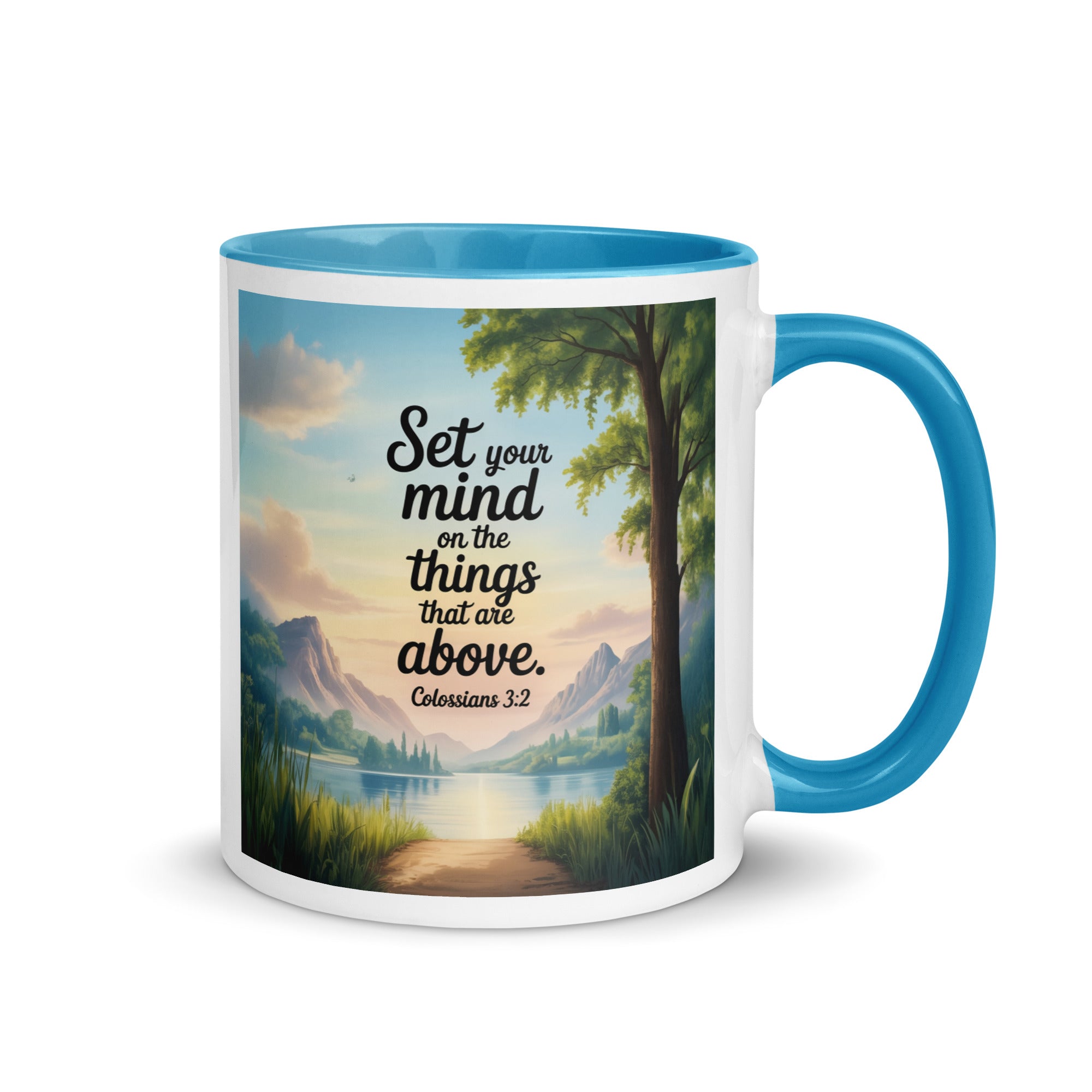 Colossians 3:2 Bible Verse Set White Ceramic Mug with Color Inside Blue 11 oz