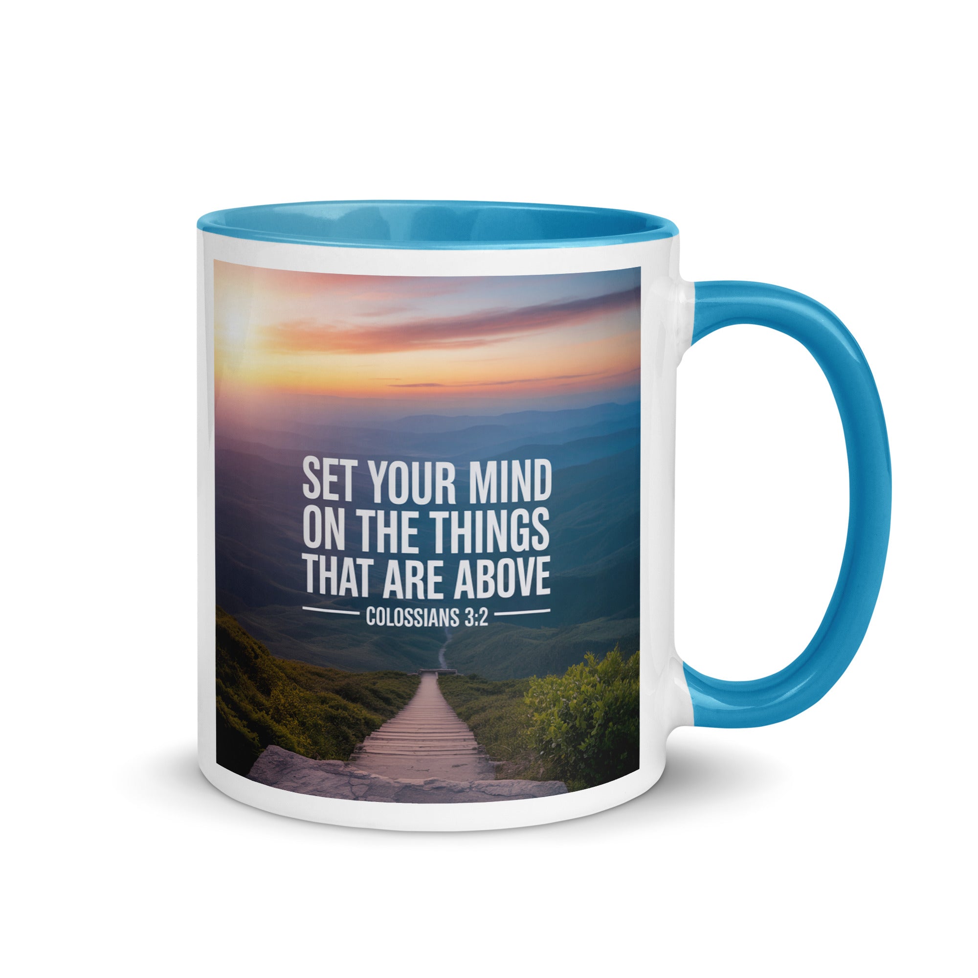 Colossians 3:2 Bible Verse your mind White Ceramic Mug with Color Inside Blue 11 oz