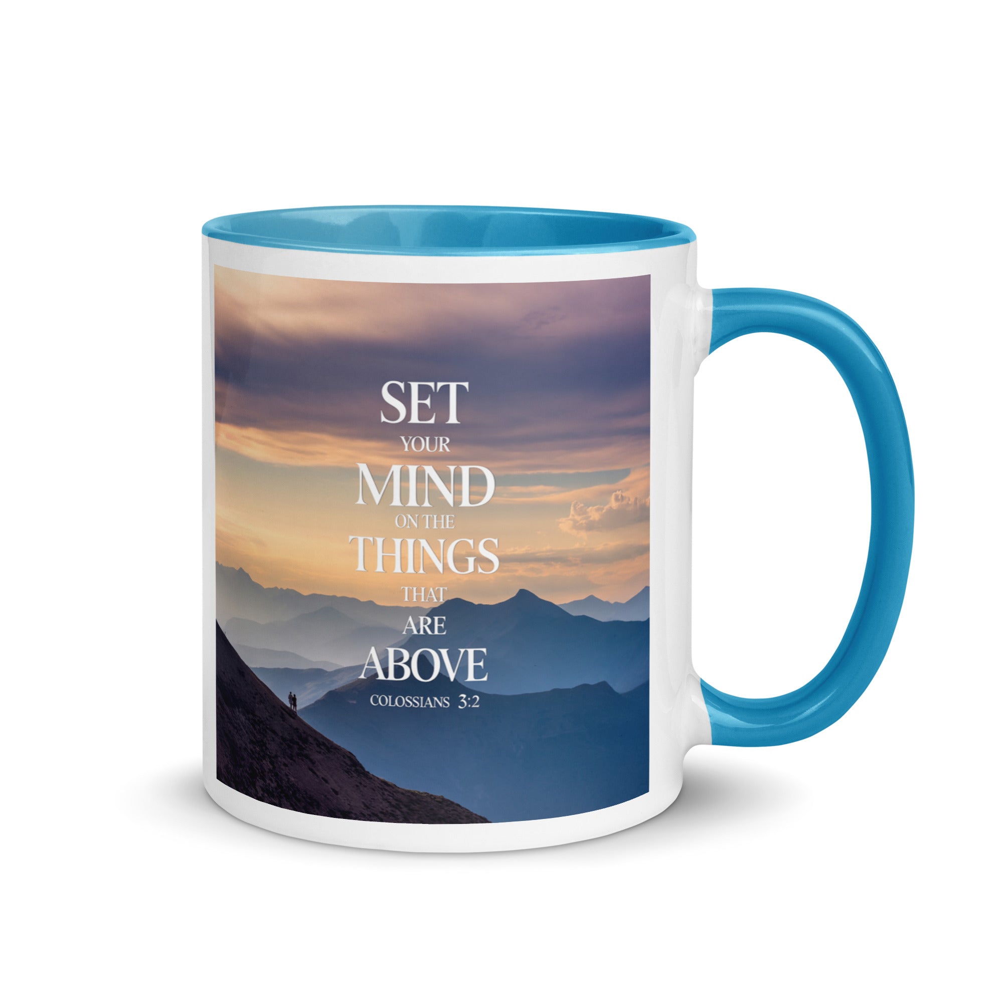 Colossians 3:2 Bible Verse things that White Ceramic Mug with Color Inside Blue 11 oz