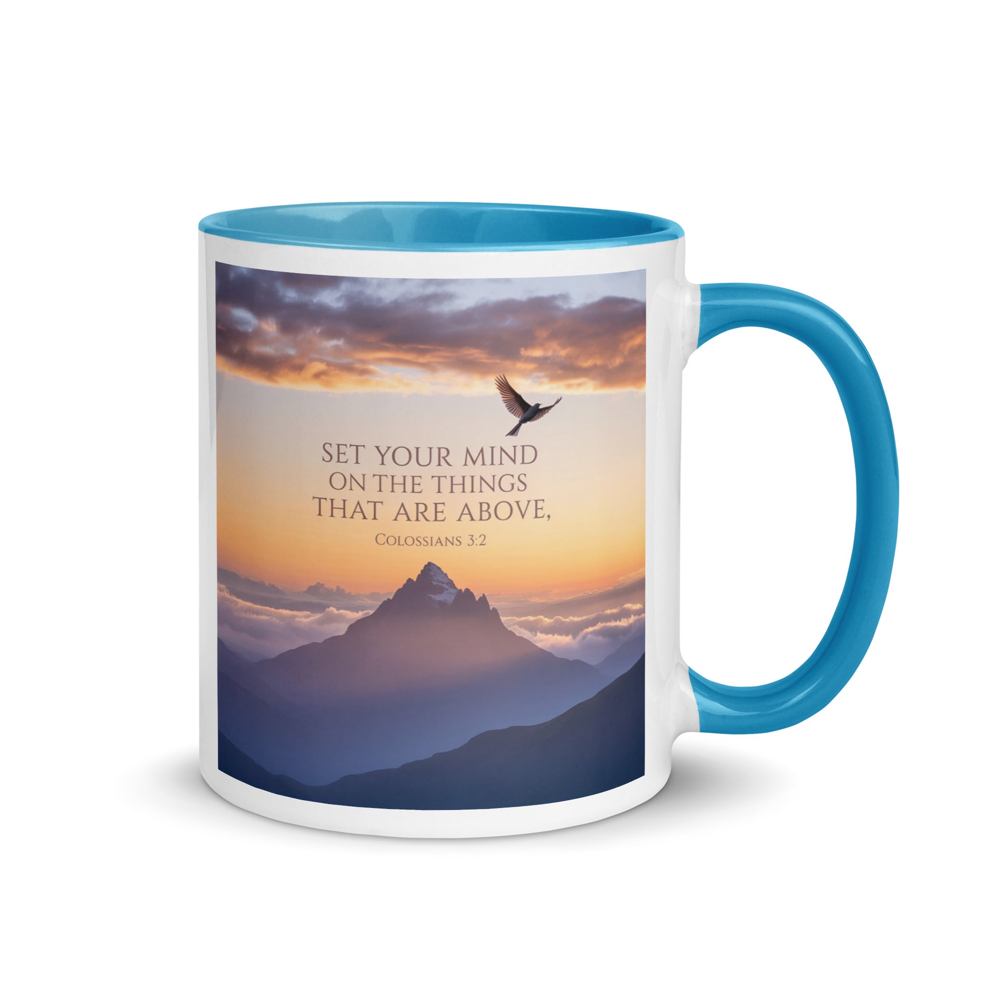 Colossians 3:2 Bible Verse are above White Ceramic Mug with Color Inside Blue 11 oz